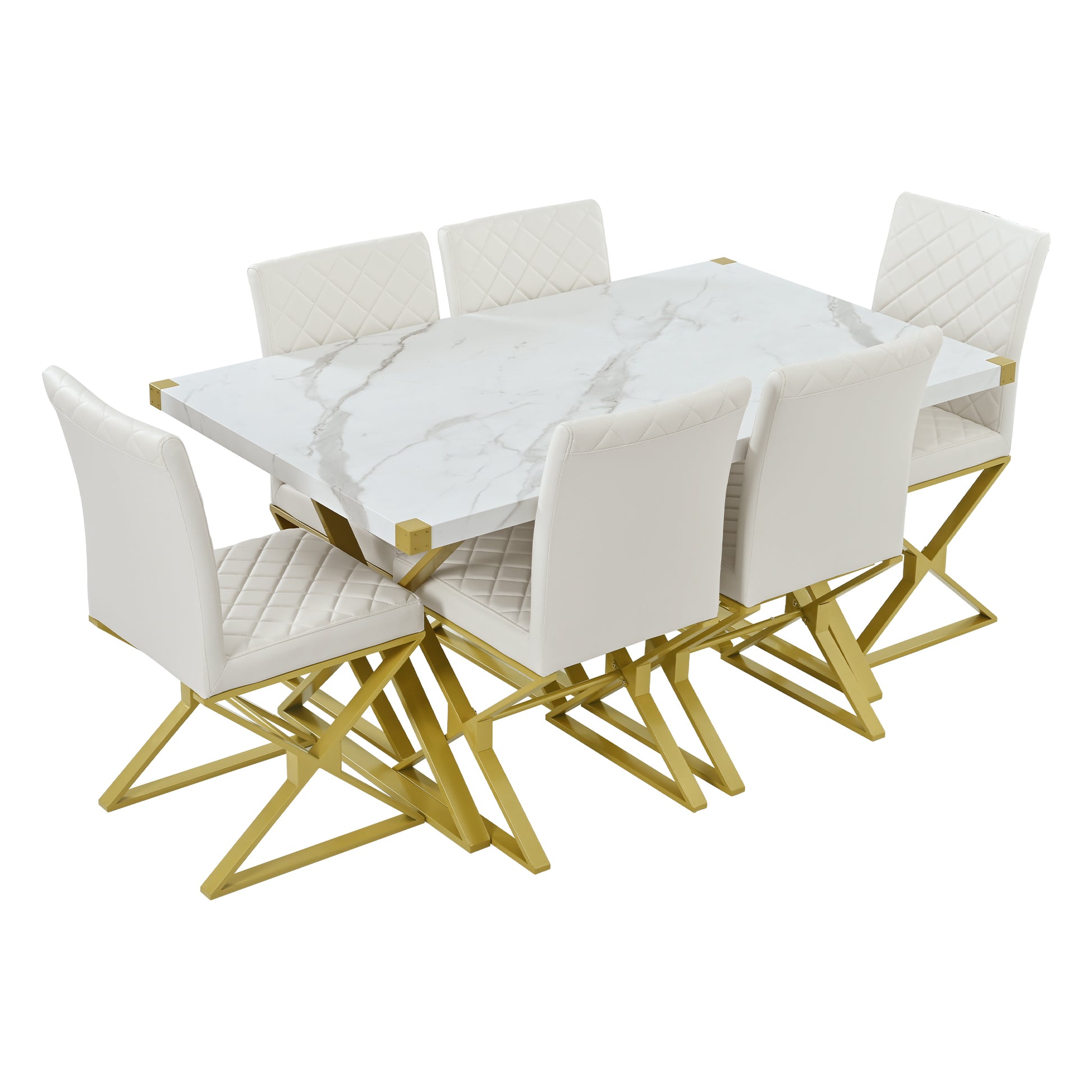 7 Piece Modern Dining Table Set, Rectangular Marble Texture Kitchen Table And 6 Pu Leather Chairs With X Shaped Gold Steel Pipe Legs For Dining Room White White Mdf Steel