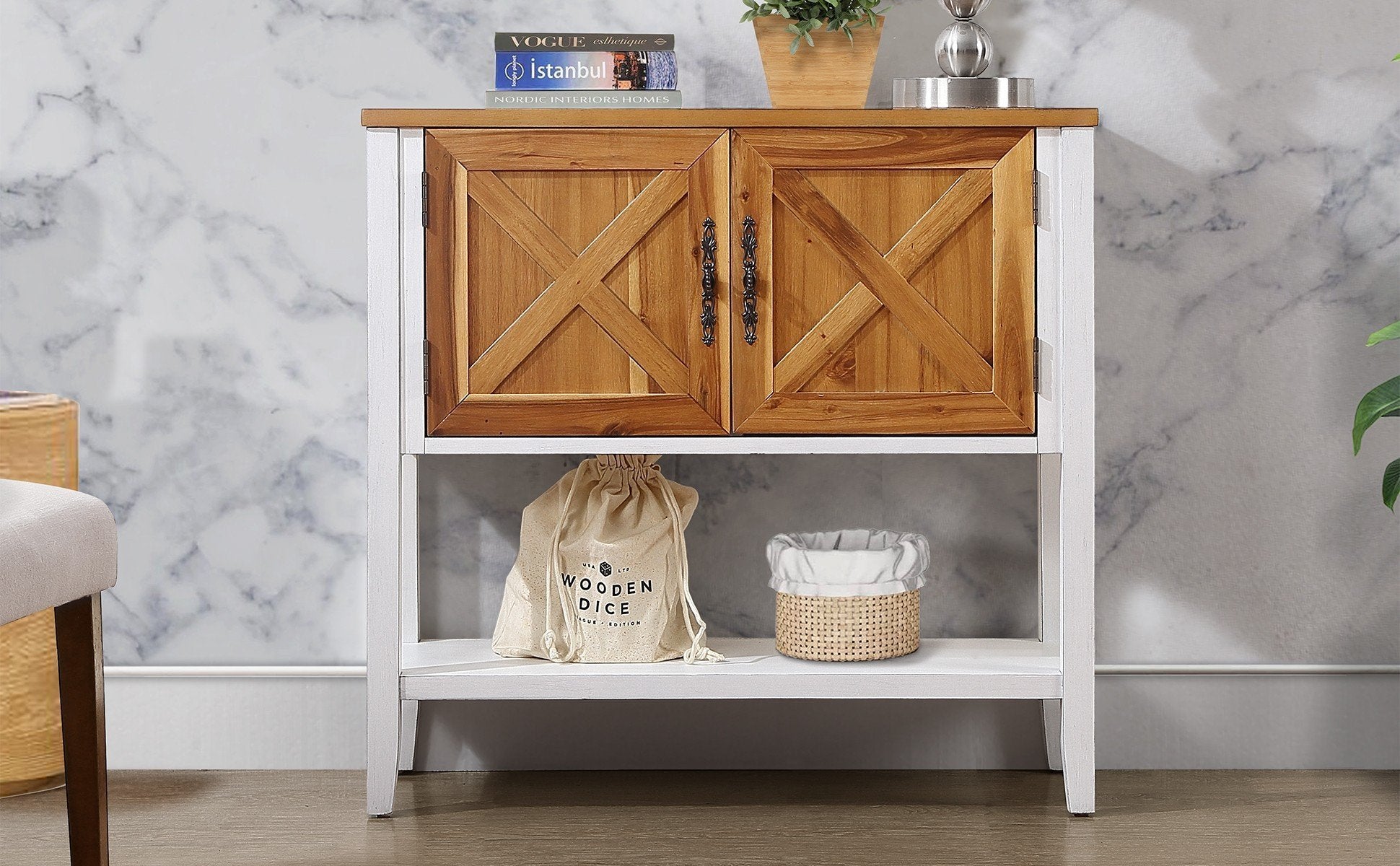 35''Farmhouse Wood Buffet Sideboard Console Table With Bottom Shelf And 2 Door Cabinet, For Living Room, Entryway,Kitchen Dining Room Furniture Antique White Natural Acacia Top & Door Antique White Pine