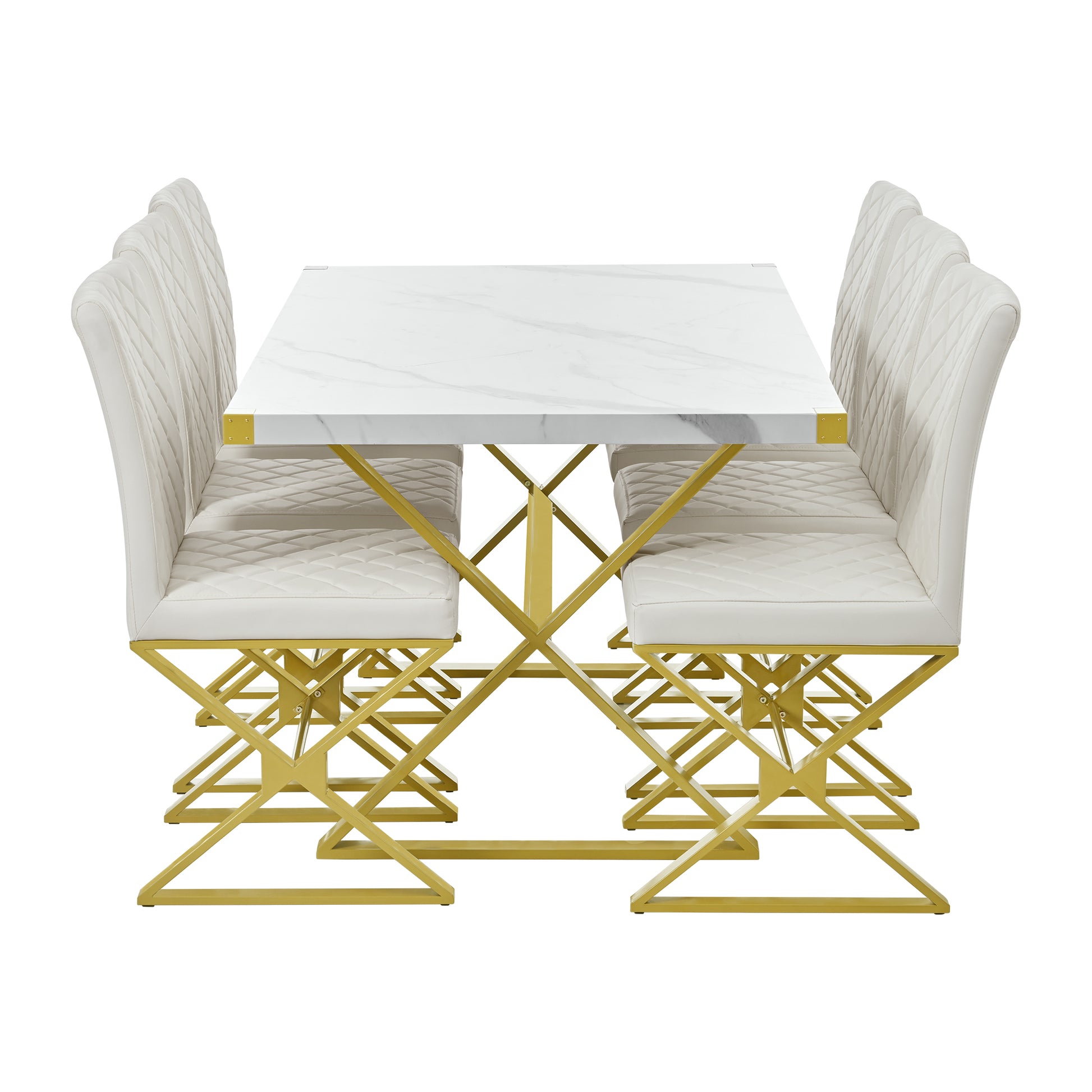 7 Piece Modern Dining Table Set, Rectangular Marble Texture Kitchen Table And 6 Pu Leather Chairs With X Shaped Gold Steel Pipe Legs For Dining Room White White Mdf Steel