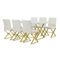 7 Piece Modern Dining Table Set, Rectangular Marble Texture Kitchen Table And 6 Pu Leather Chairs With X Shaped Gold Steel Pipe Legs For Dining Room White White Mdf Steel