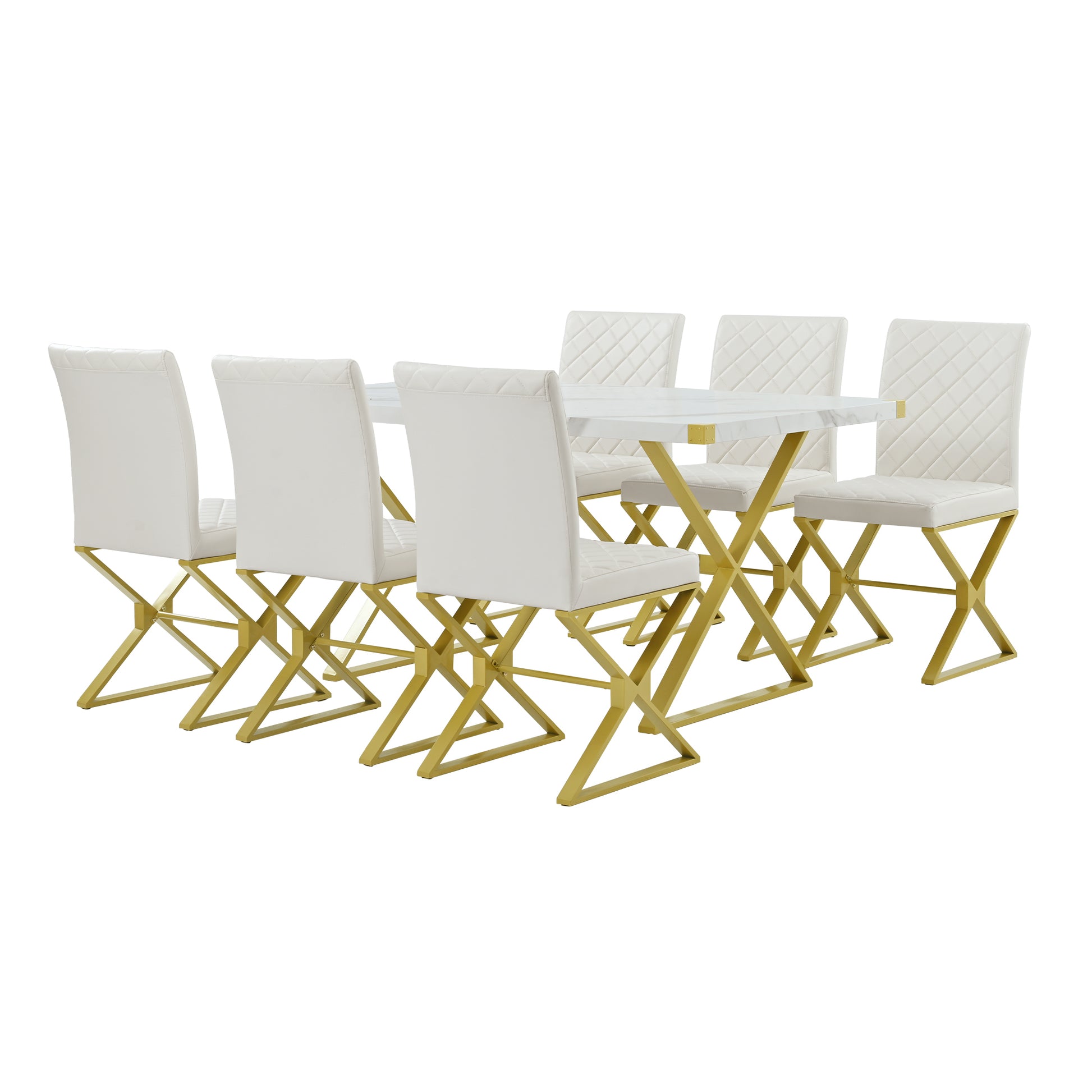 7 Piece Modern Dining Table Set, Rectangular Marble Texture Kitchen Table And 6 Pu Leather Chairs With X Shaped Gold Steel Pipe Legs For Dining Room White White Mdf Steel