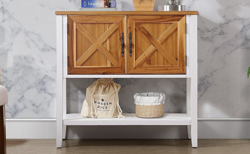 35''Farmhouse Wood Buffet Sideboard Console Table With Bottom Shelf And 2 Door Cabinet, For Living Room, Entryway,Kitchen Dining Room Furniture Antique White Natural Acacia Top & Door Antique White Pine