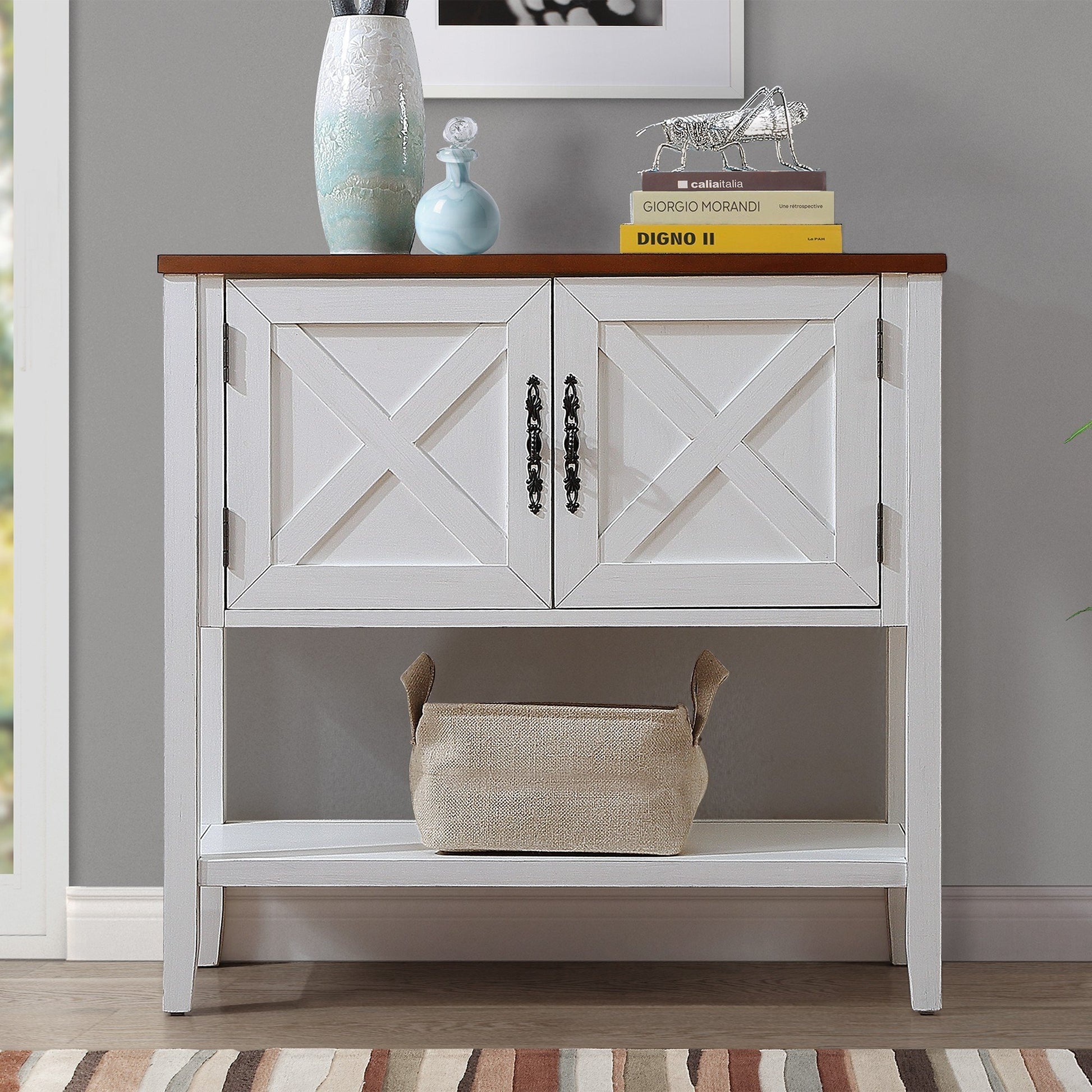 35''Farmhouse Wood Buffet Sideboard Console Table With Bottom Shelf And 2 Door Cabinet, For Living Room, Entryway,Kitchen Dining Room Furniture Antique White Walnut Top Antique White Pine