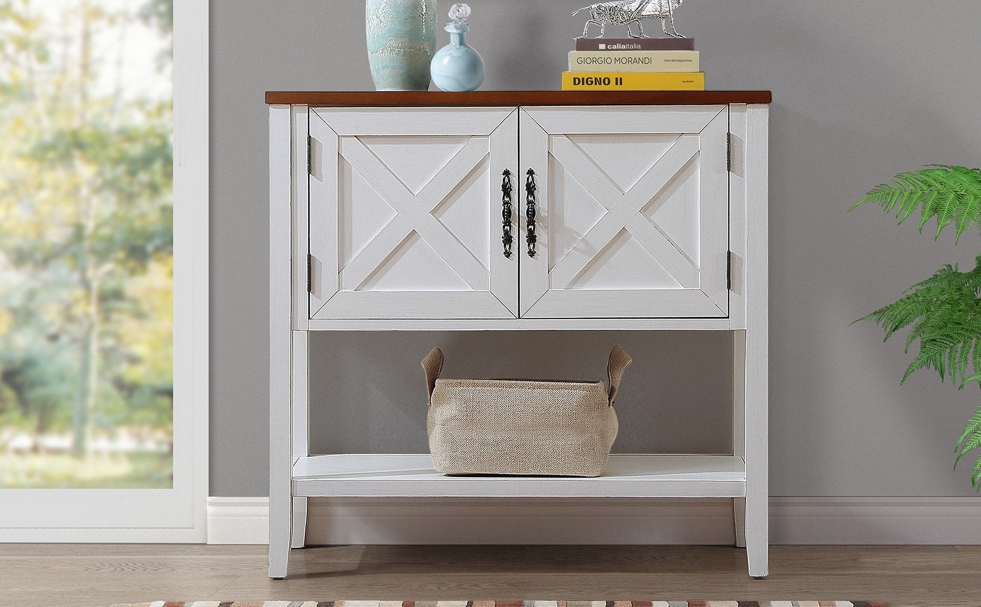 35''Farmhouse Wood Buffet Sideboard Console Table With Bottom Shelf And 2 Door Cabinet, For Living Room, Entryway,Kitchen Dining Room Furniture Antique White Walnut Top Antique White Pine