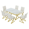 7 Piece Modern Dining Table Set, Rectangular Marble Texture Kitchen Table And 6 Pu Leather Chairs With X Shaped Gold Steel Pipe Legs For Dining Room White White Mdf Steel