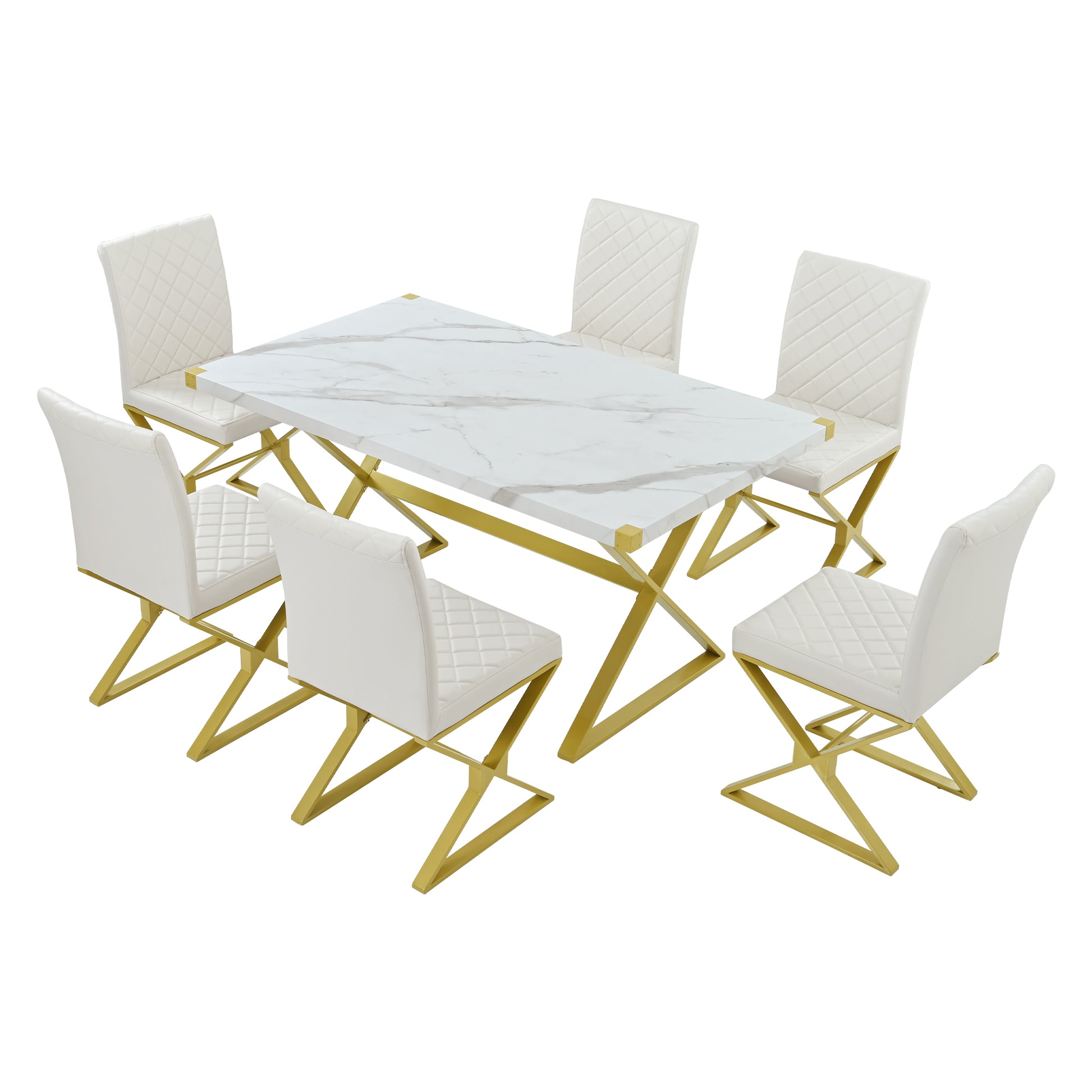 7 Piece Modern Dining Table Set, Rectangular Marble Texture Kitchen Table And 6 Pu Leather Chairs With X Shaped Gold Steel Pipe Legs For Dining Room White White Mdf Steel