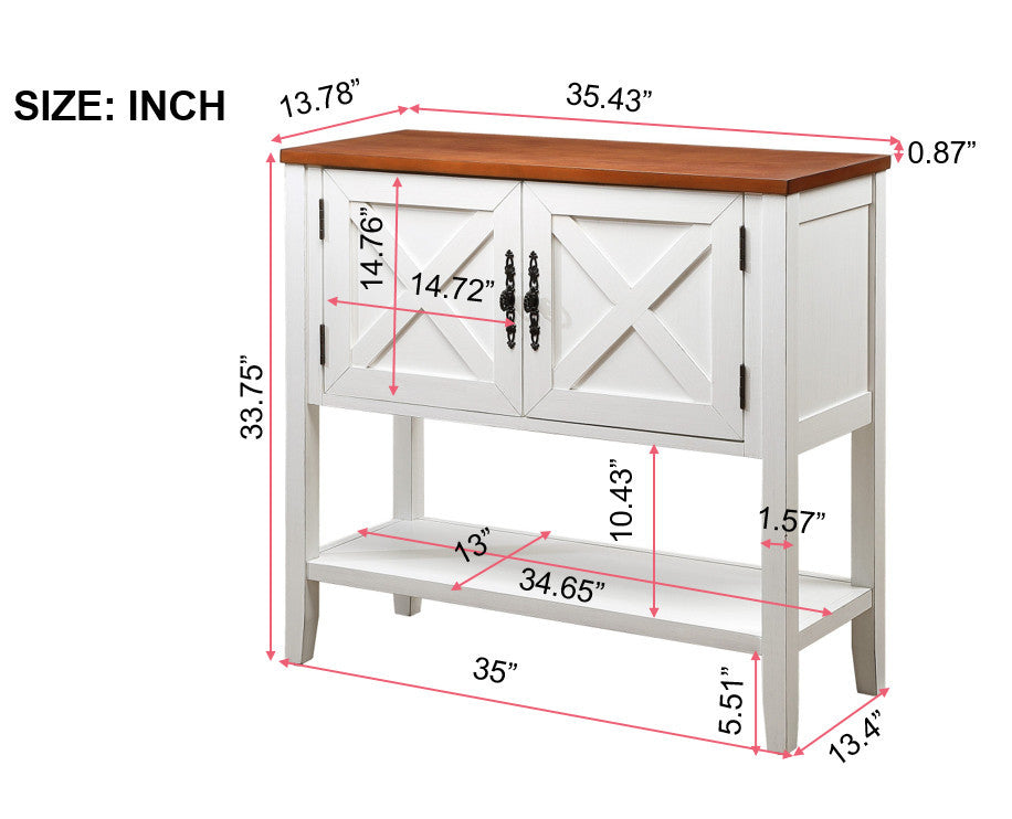 35''Farmhouse Wood Buffet Sideboard Console Table With Bottom Shelf And 2 Door Cabinet, For Living Room, Entryway,Kitchen Dining Room Furniture Antique White Walnut Top Antique White Pine