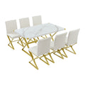 7 Piece Modern Dining Table Set, Rectangular Marble Texture Kitchen Table And 6 Pu Leather Chairs With X Shaped Gold Steel Pipe Legs For Dining Room White White Mdf Steel