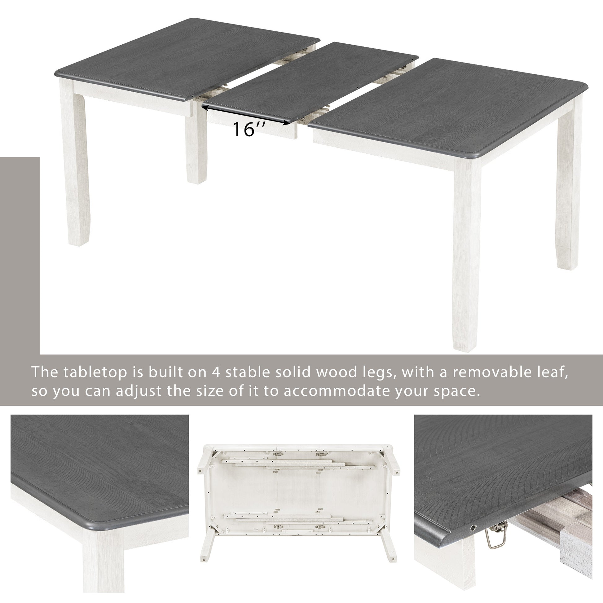 Retro Style 7 Piece Dining Table Set With Extendable Table And 6 Upholstered Chairs Gray White White Gray Solid Wood