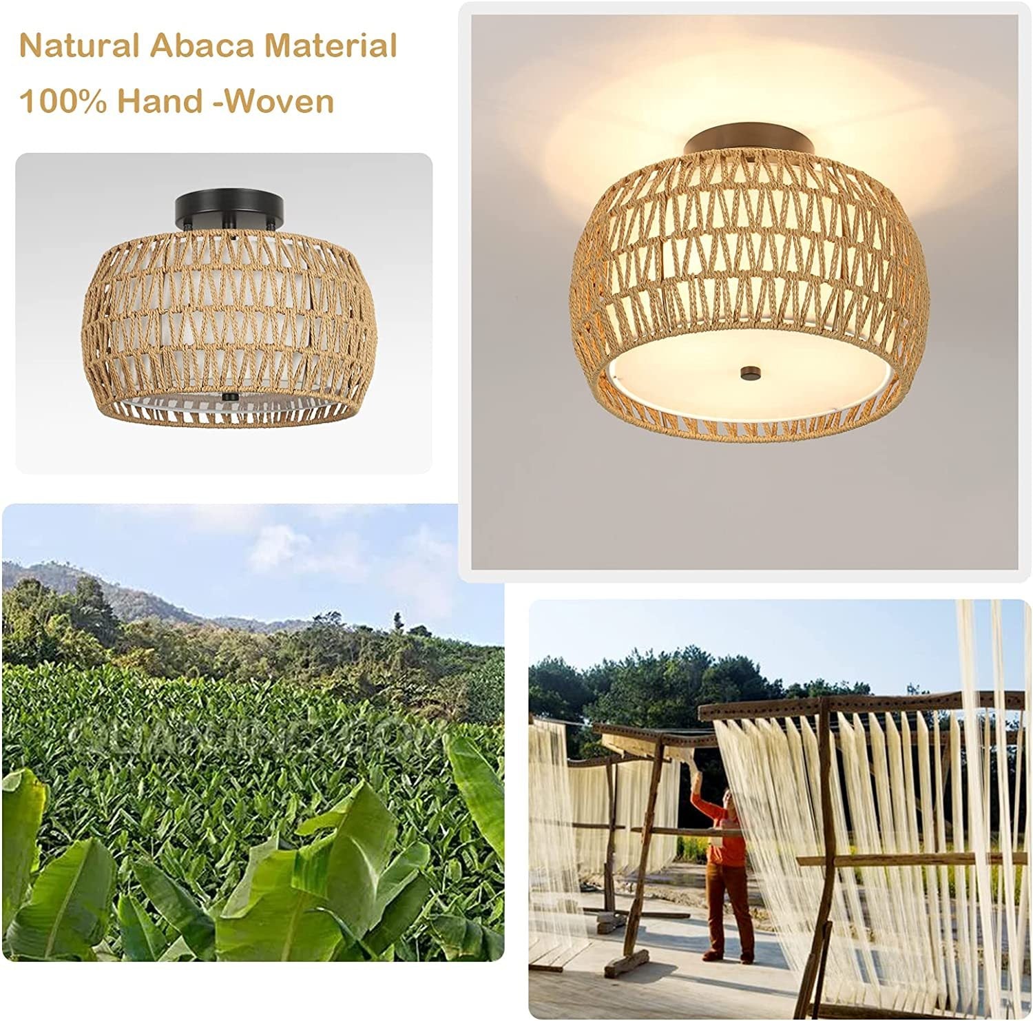 3 Light Woven Rattan Semi Flush Mount Ceiling Light Brown Rattan