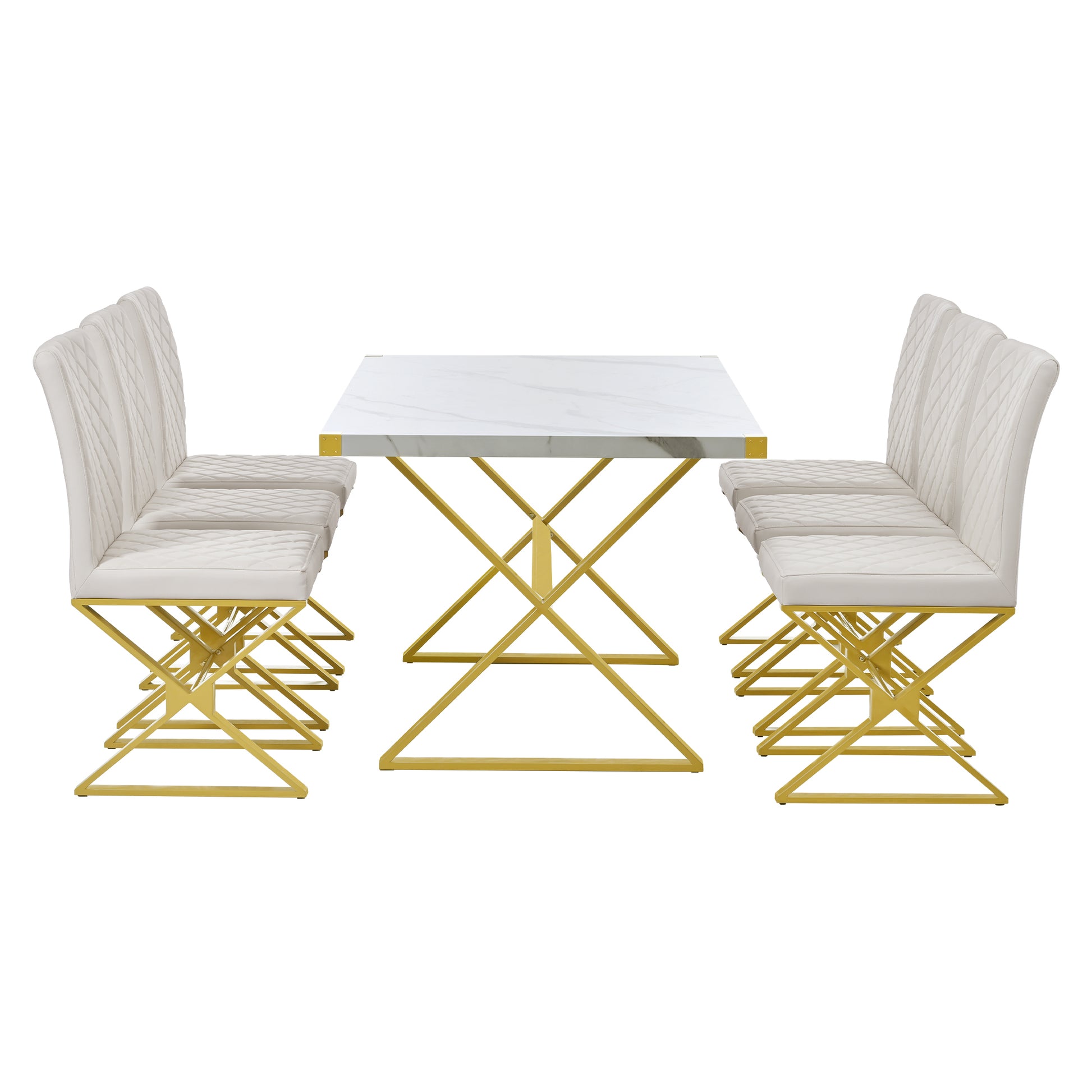 7 Piece Modern Dining Table Set, Rectangular Marble Texture Kitchen Table And 6 Pu Leather Chairs With X Shaped Gold Steel Pipe Legs For Dining Room White White Mdf Steel