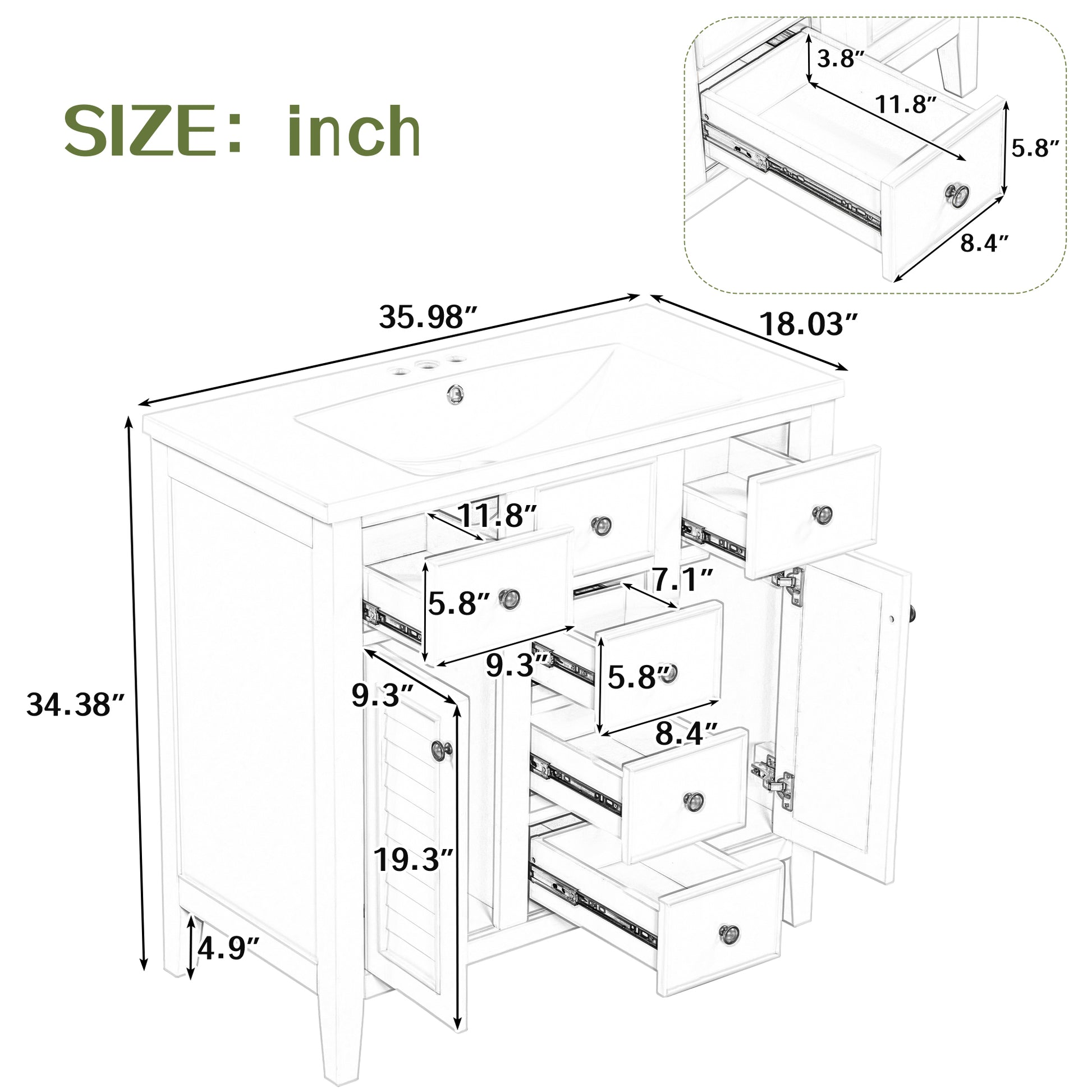 36" Bathroom Vanity With Ceramic Basin, Two Cabinets And Five Drawers, Solid Wood Frame, White Old Sku: Sy999202Aak White Solid Wood Mdf