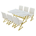 7 Piece Modern Dining Table Set, Rectangular Marble Texture Kitchen Table And 6 Pu Leather Chairs With X Shaped Gold Steel Pipe Legs For Dining Room White White Mdf Steel