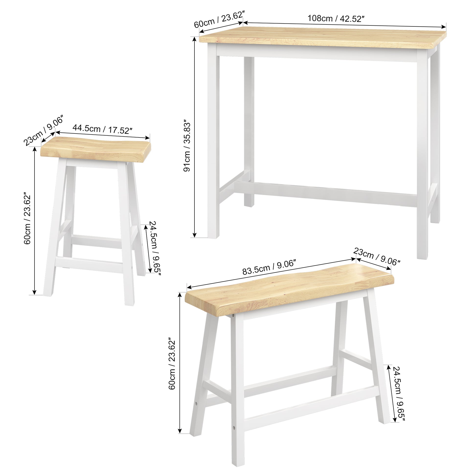 Modern Bar Dining Table Set For 4 All Rubber Wood Kitchen Bistro Counter Height Table Bench Stool For Dining Room Small Space Natural Color & White Natural Rubber Wood