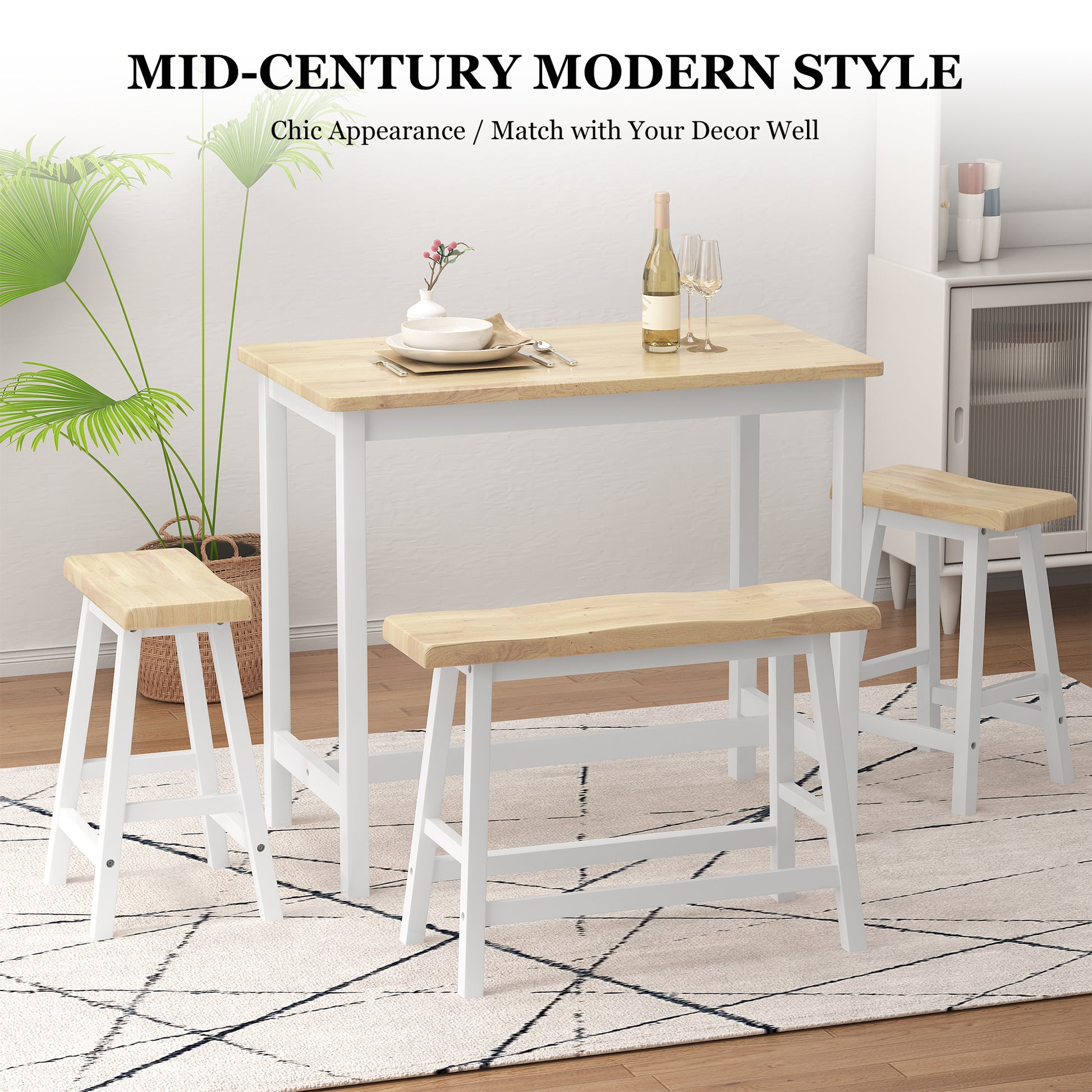 Modern Bar Dining Table Set For 4 All Rubber Wood Kitchen Bistro Counter Height Table Bench Stool For Dining Room Small Space Natural Color & White Natural Rubber Wood