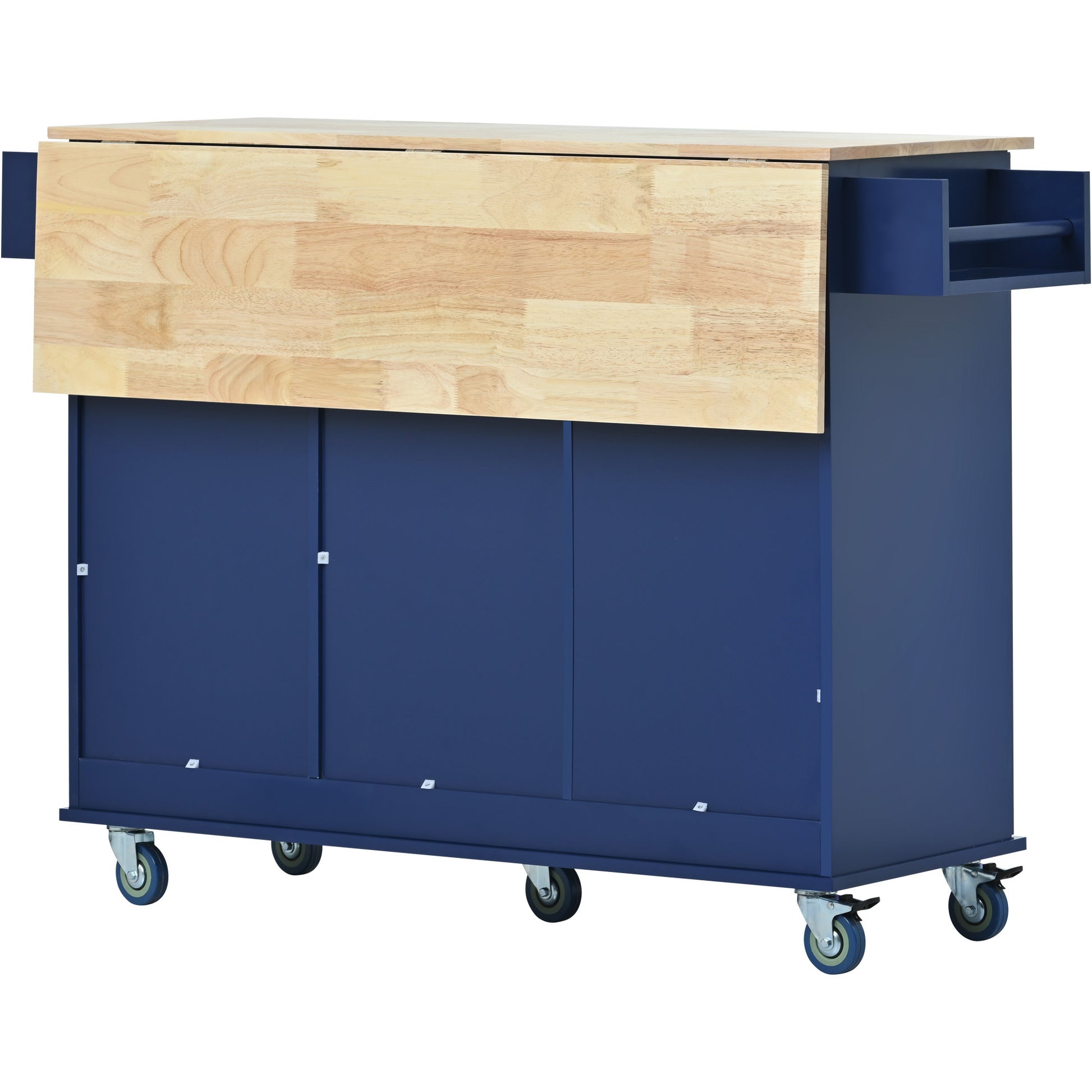 Rolling Mobile Kitchen Island With Drop Leaf Solid Wood Top, Locking Wheels & Storage Cabinet 52.7 Inch Width Dark Blue Blue Mdf