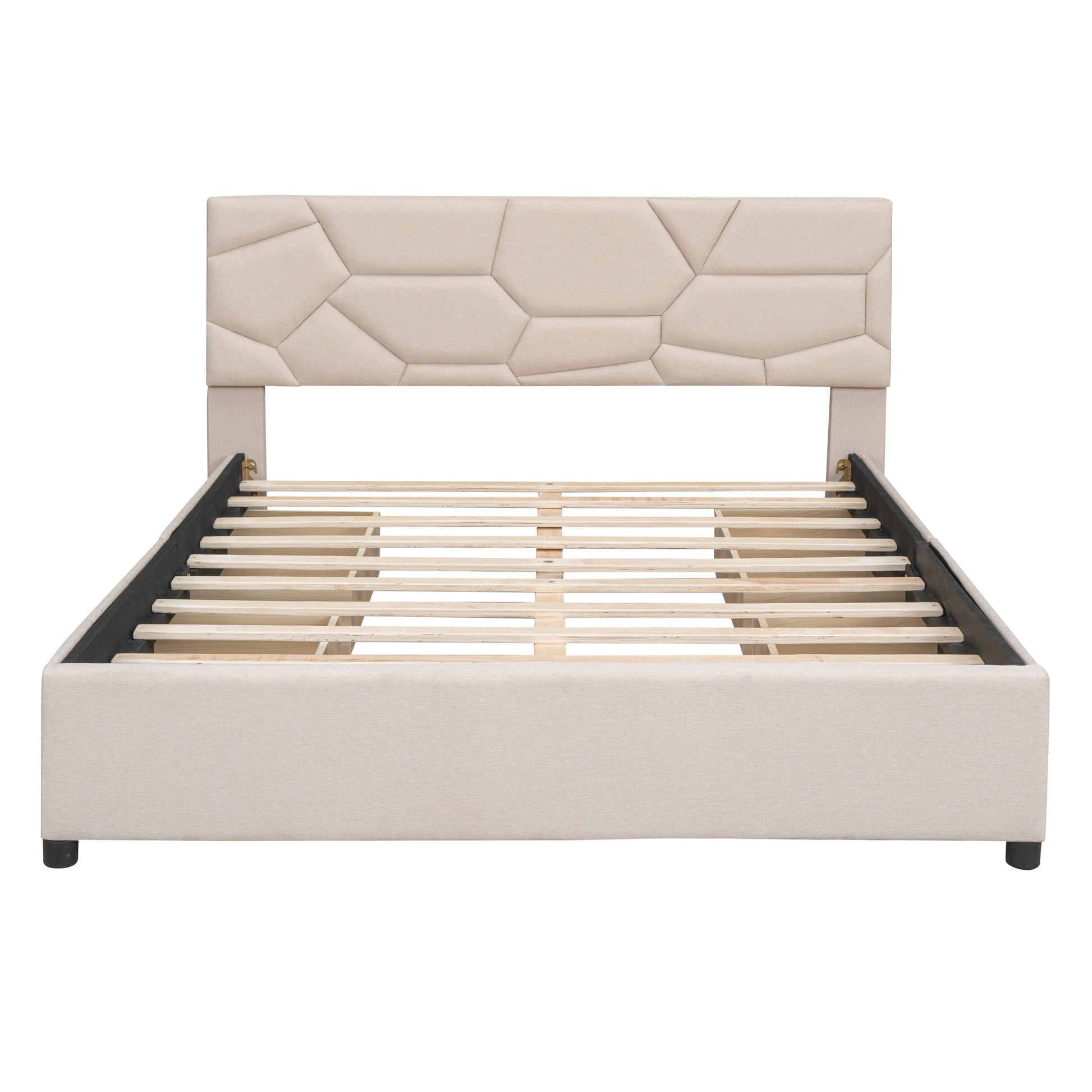 Queen Size Upholstered Platform Bed With Brick Pattern Headboard And 4 Drawers, Linen Fabric, Beige Beige Upholstered