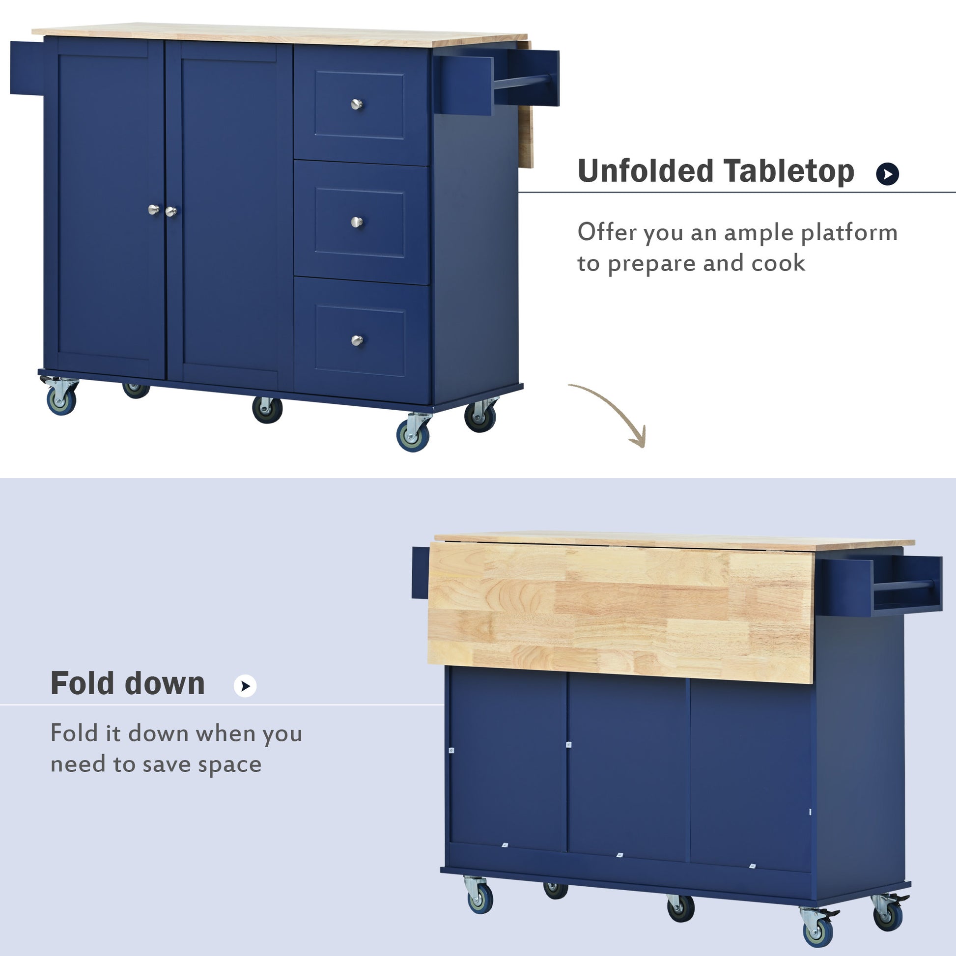 Rolling Mobile Kitchen Island with Drop Leaf Solid blue-mdf