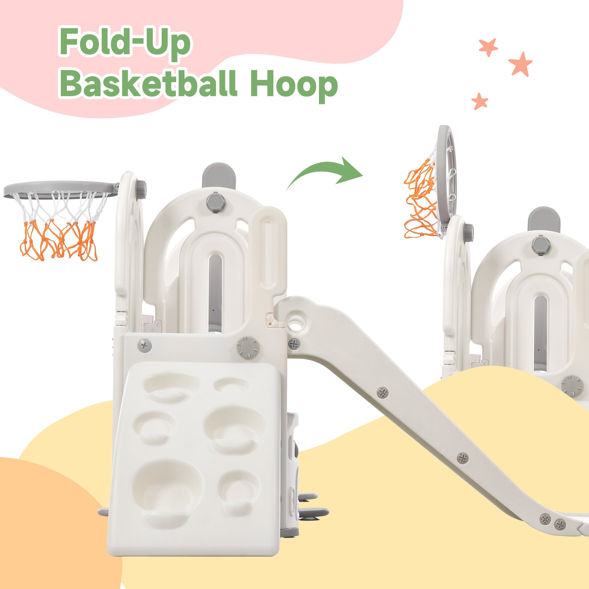 Toddler Slide And Swing Set 5 In 1, Kids Playground Climber Slide Playset With Basketball Hoop Freestanding Combination For Babies Indoor & Outdoor Gray Hdpe