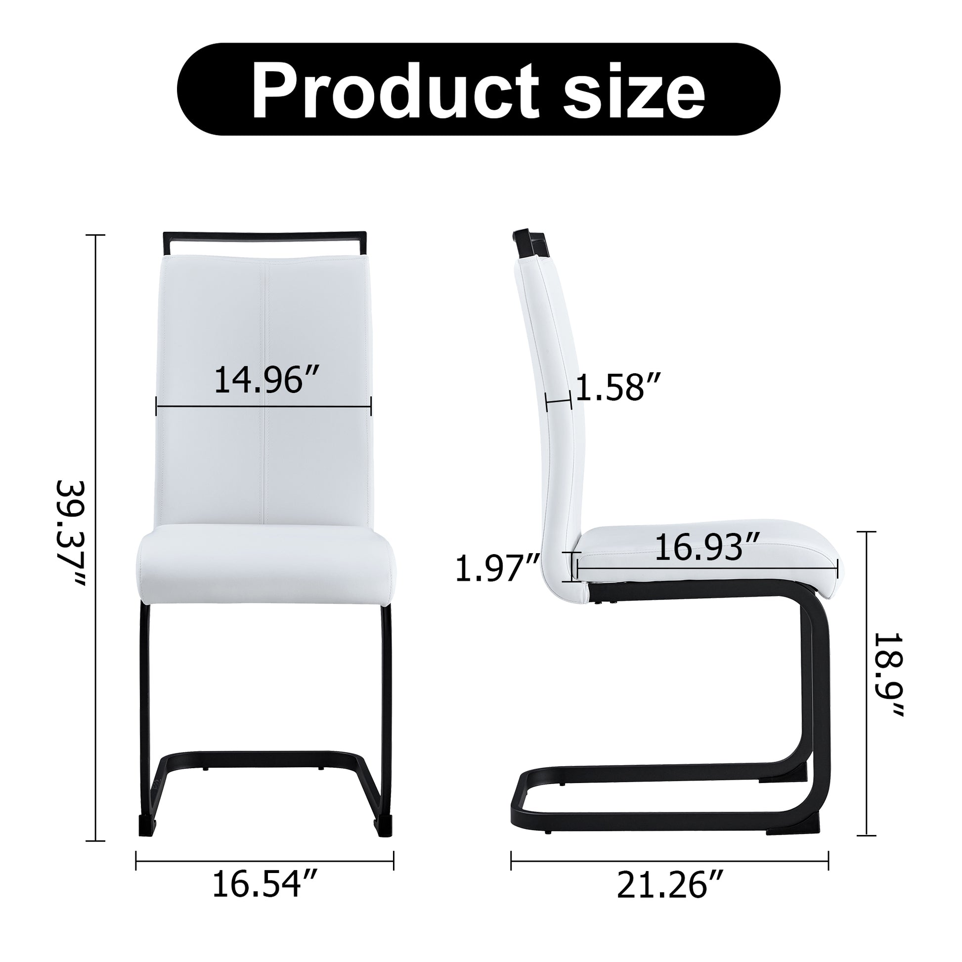 Table And Chair Set, 1 Table With 4 White Chairs. 0.4 "Tempered Glass Desktop And Black Mdf, Pu Artificial Leather High Backrest Cushion Side Chair, C Shaped Tube Black Coated Metal Legs. Black Mdf