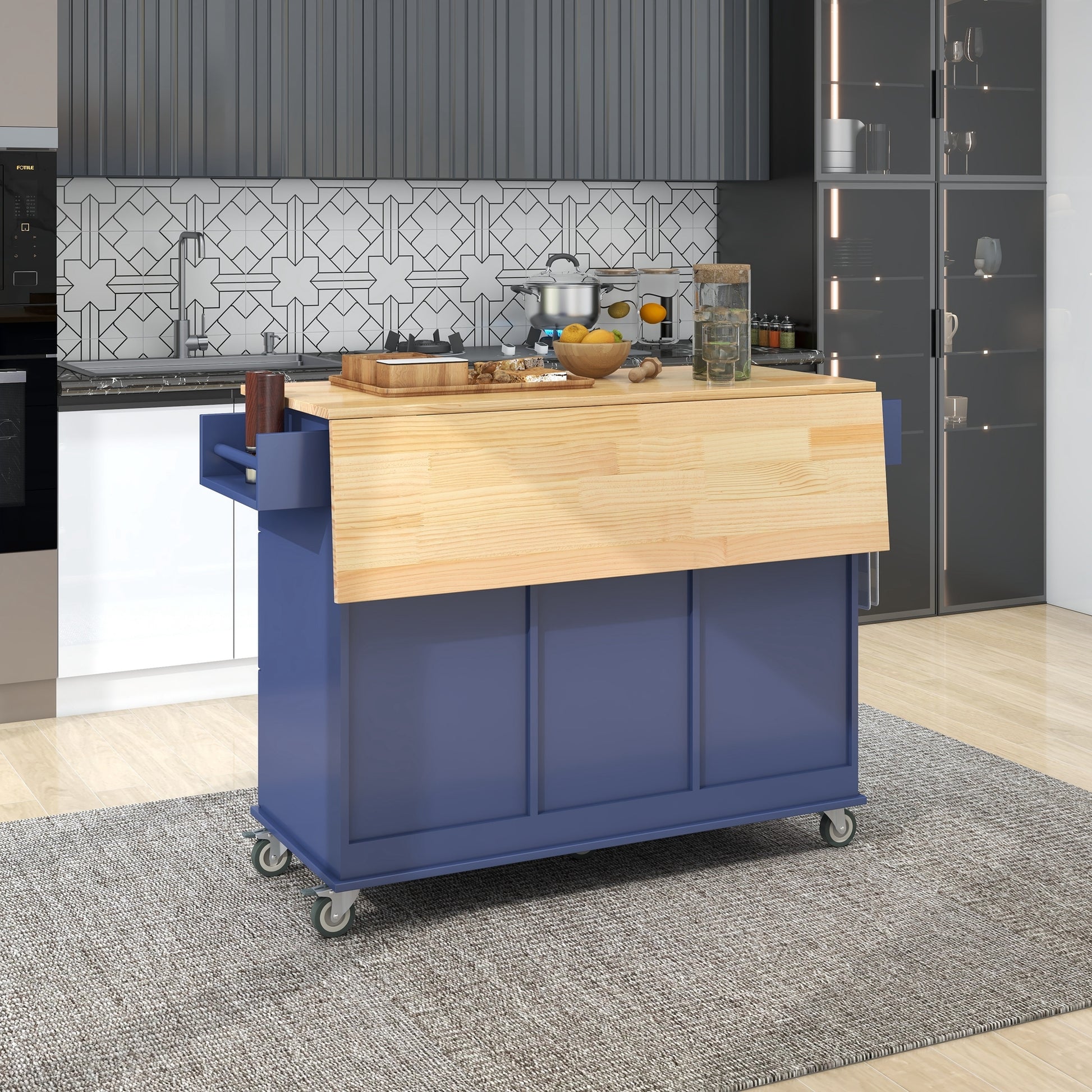 Rolling Mobile Kitchen Island with Drop Leaf Solid blue-mdf