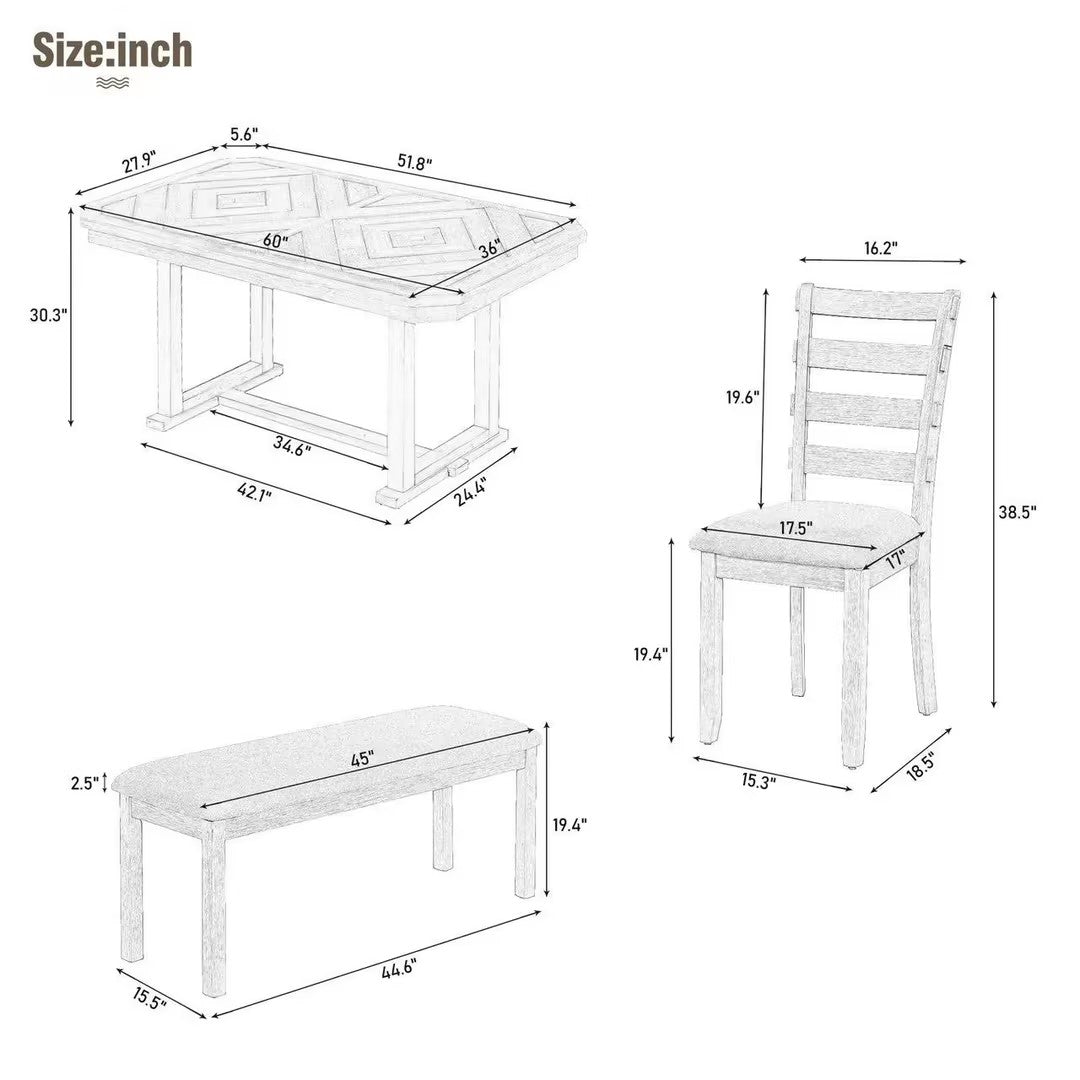 6 Piece Rubber Wood Dining Table Set With Beautiful Wood Grain Pattern Tabletop Solid Wood Veneer And Soft Cushion Gray Gray Solid Wood