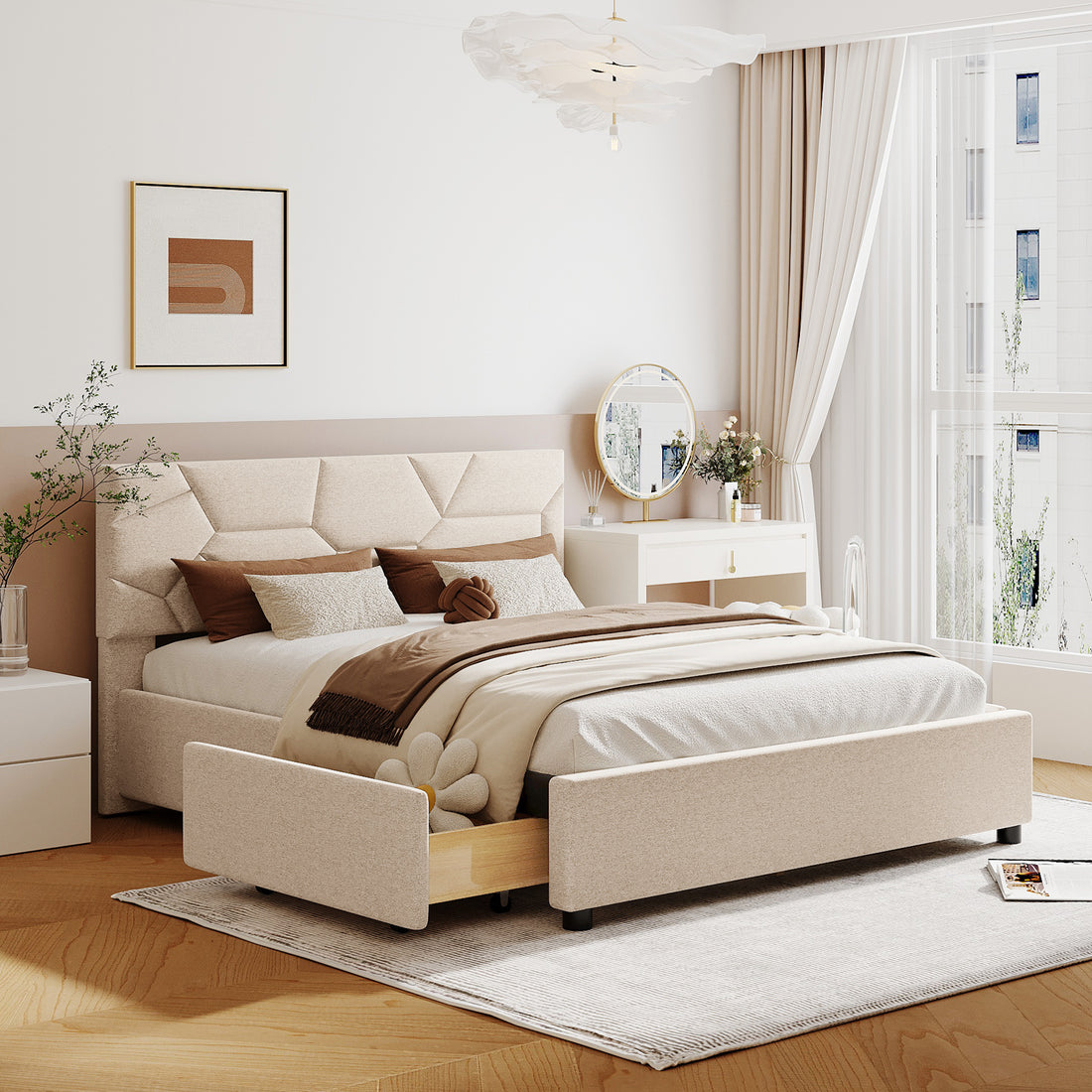 Queen Size Upholstered Platform Bed With Brick Pattern Headboard And 4 Drawers, Linen Fabric, Beige Beige Upholstered