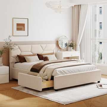 Queen Size Upholstered Platform Bed With Brick Pattern Headboard And 4 Drawers, Linen Fabric, Beige Beige Upholstered