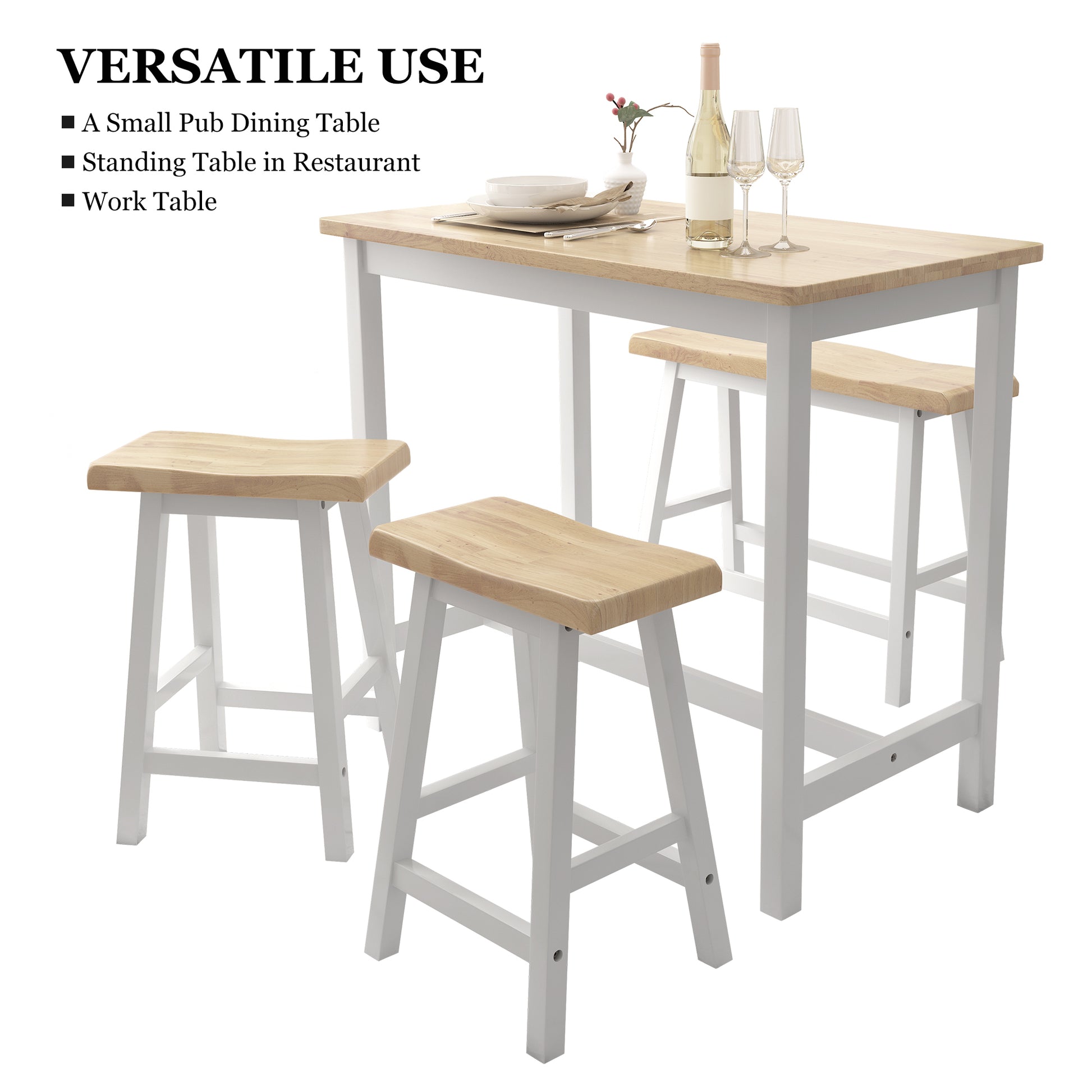 Modern Bar Dining Table Set For 4 All Rubber Wood Kitchen Bistro Counter Height Table Bench Stool For Dining Room Small Space Natural Color & White Natural Rubber Wood