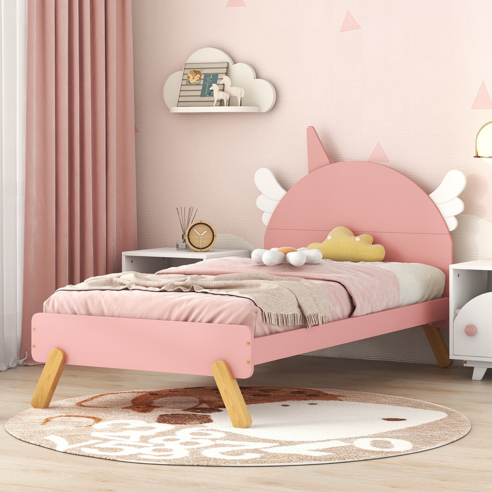 Wooden Cute Bed With Unicorn Shape Headboard,Twin Size Platform Bed,Pink Pink Solid Wood