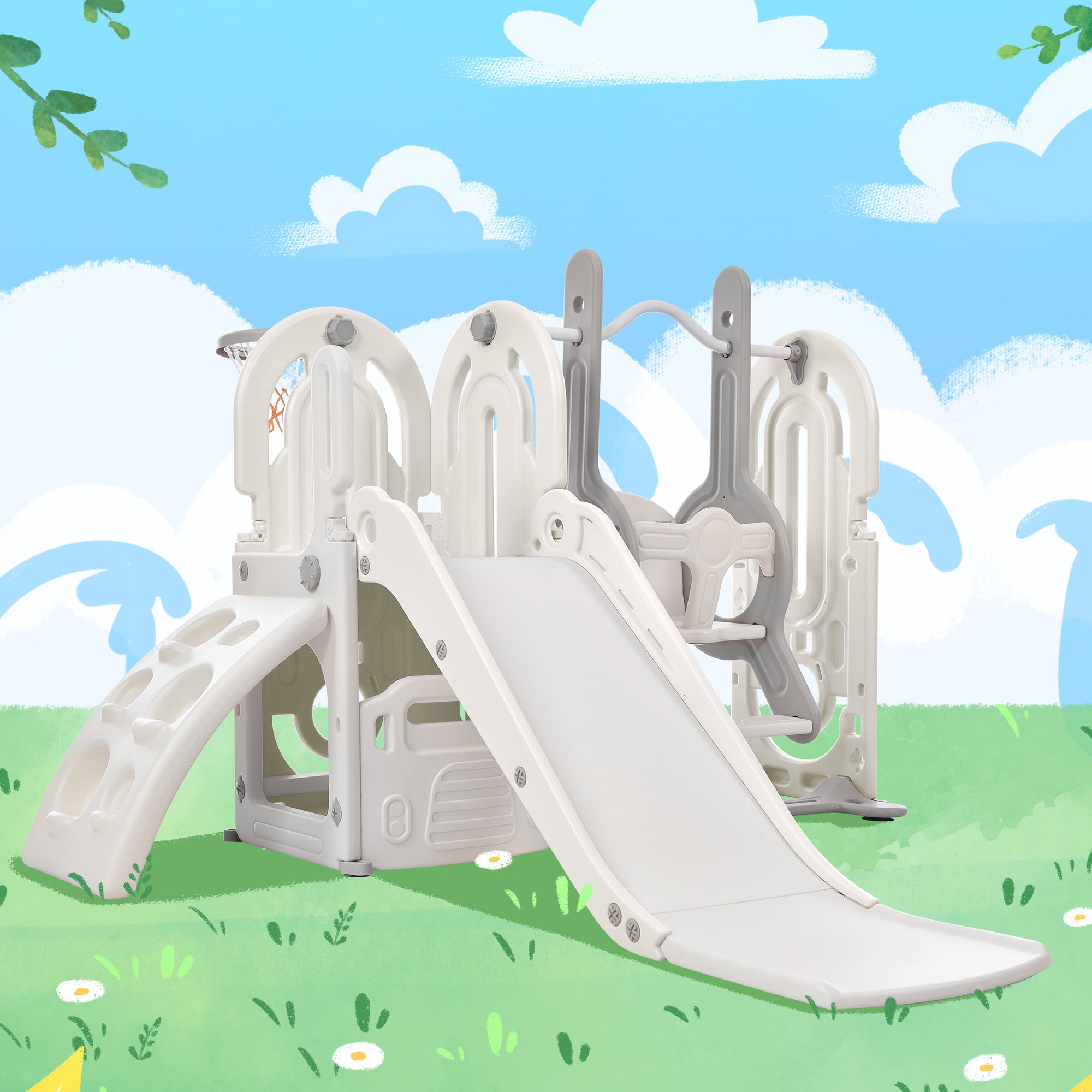 Toddler Slide and Swing Set 5 in 1, Kids Playground gray-hdpe