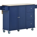 Rolling Mobile Kitchen Island With Drop Leaf Solid Wood Top, Locking Wheels & Storage Cabinet 52.7 Inch Width Dark Blue Blue Mdf