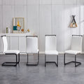 Table And Chair Set. A White Imitation Marble Desktop With Mdf Legs And Gold Metal Decorative Strips. Paired With 4 Dining Chairs With White Backrest And Black Metal Legs.F Hh C 1162 White Mdf Glass