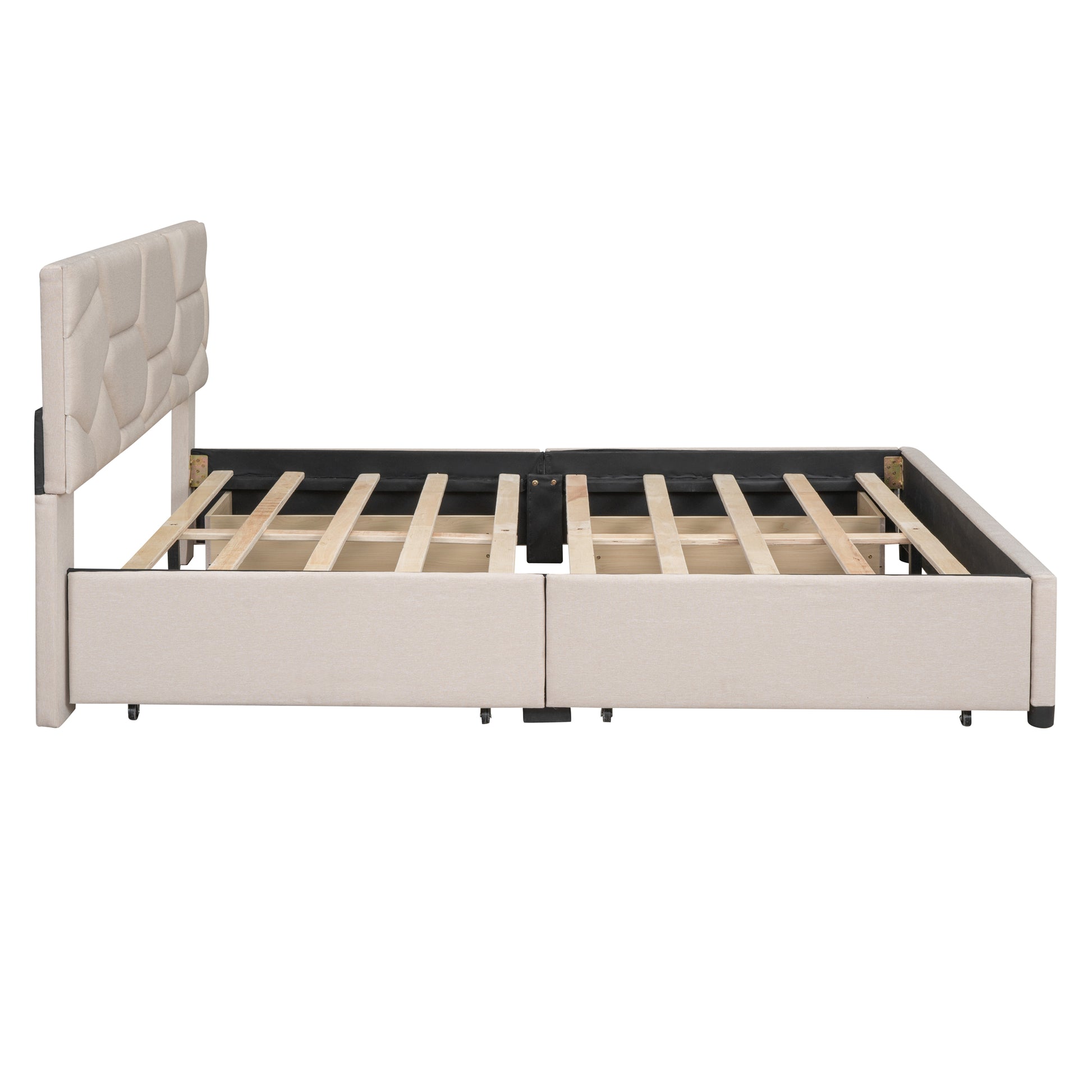 Queen Size Upholstered Platform Bed With Brick Pattern Headboard And 4 Drawers, Linen Fabric, Beige Beige Upholstered