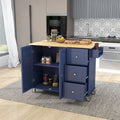 Rolling Mobile Kitchen Island With Drop Leaf Solid Wood Top, Locking Wheels & Storage Cabinet 52.7 Inch Width Dark Blue Blue Mdf