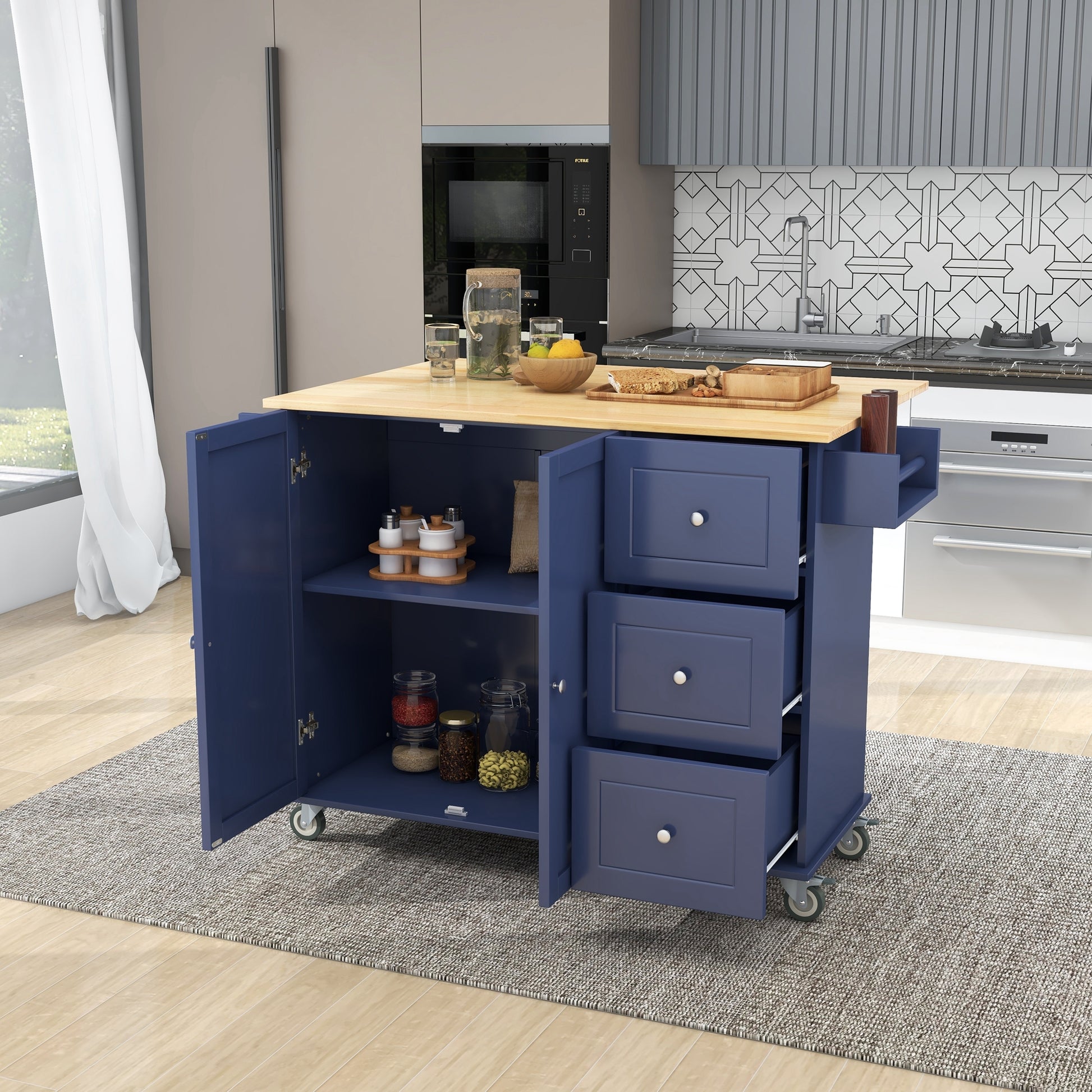 Rolling Mobile Kitchen Island with Drop Leaf Solid blue-mdf