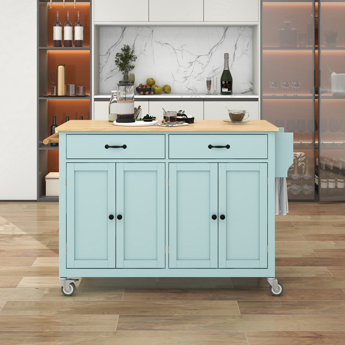 Kitchen Island Cart With 4 Door Cabinet And Two Drawers And 2 Locking Wheels Solid Wood Top, Adjustable Shelves, Spice & Towel Rack Mint Green Green Mdf