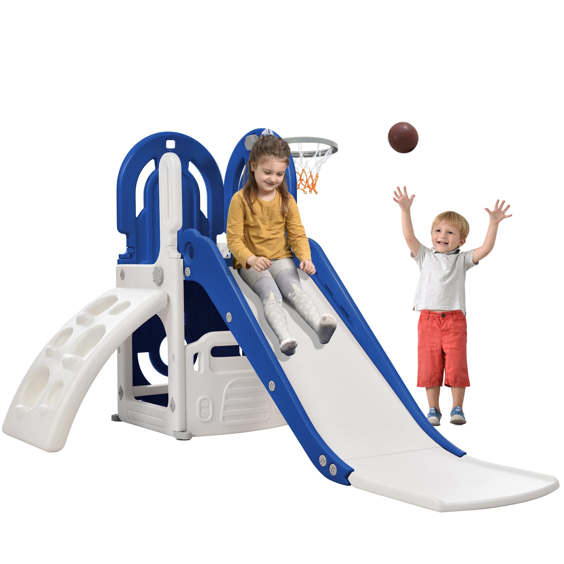 Toddler Climber And Slide Set 4 In 1, Kids Playground Climber Freestanding Slide Playset With Basketball Hoop Play Combination For Babies Indoor & Outdoor Blue Hdpe