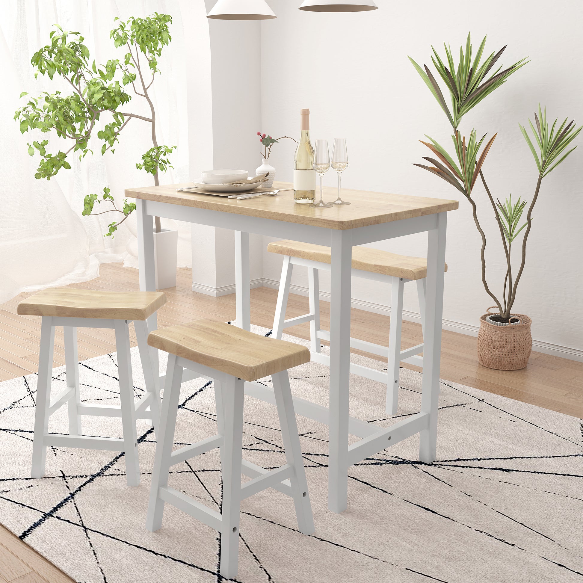 Modern Bar Dining Table Set For 4 All Rubber Wood Kitchen Bistro Counter Height Table Bench Stool For Dining Room Small Space Natural Color & White Natural Rubber Wood