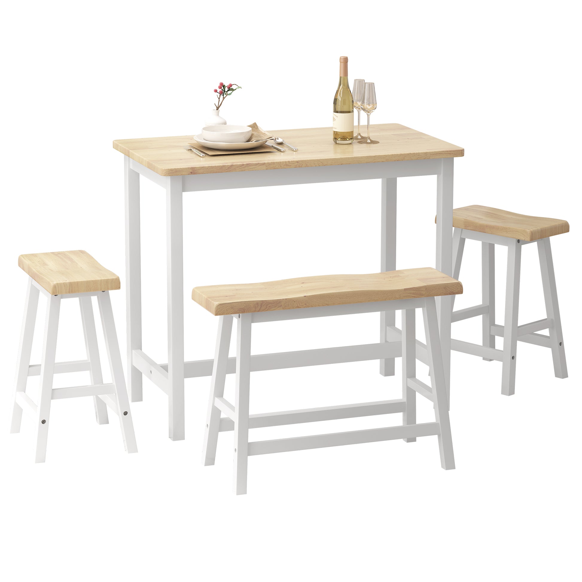 Modern Bar Dining Table Set For 4 All Rubber Wood Kitchen Bistro Counter Height Table Bench Stool For Dining Room Small Space Natural Color & White Natural Rubber Wood