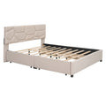 Queen Size Upholstered Platform Bed With Brick Pattern Headboard And 4 Drawers, Linen Fabric, Beige Beige Upholstered