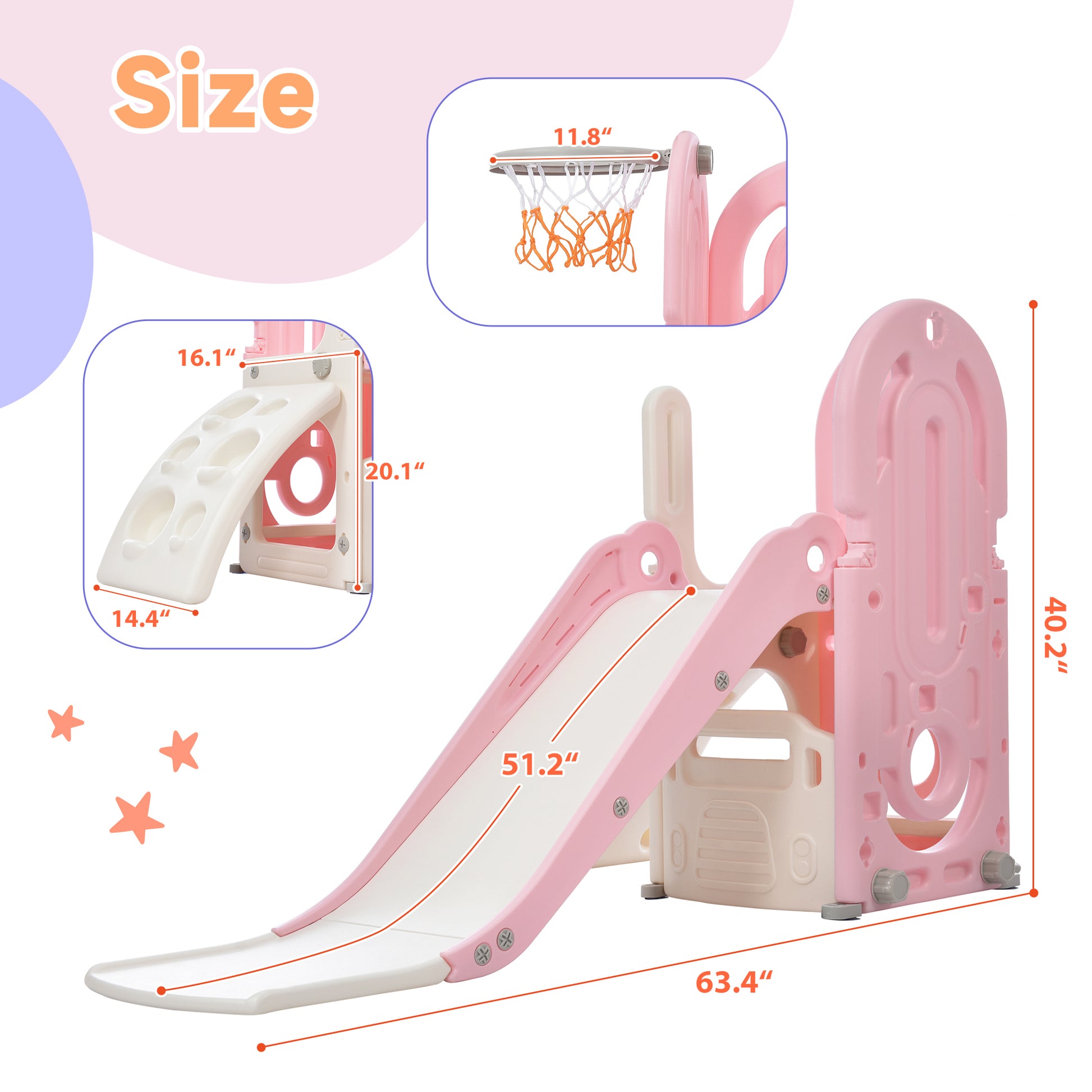 Toddler Climber And Slide Set 4 In 1, Kids Playground Climber Freestanding Slide Playset With Basketball Hoop Play Combination For Babies Indoor & Outdoor Pink Hdpe