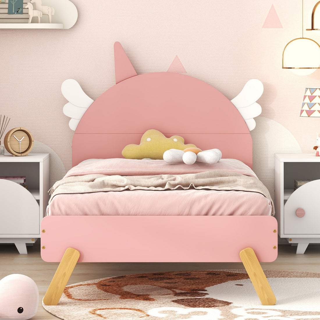 Wooden Cute Bed With Unicorn Shape Headboard,Twin Size Platform Bed,Pink Pink Solid Wood