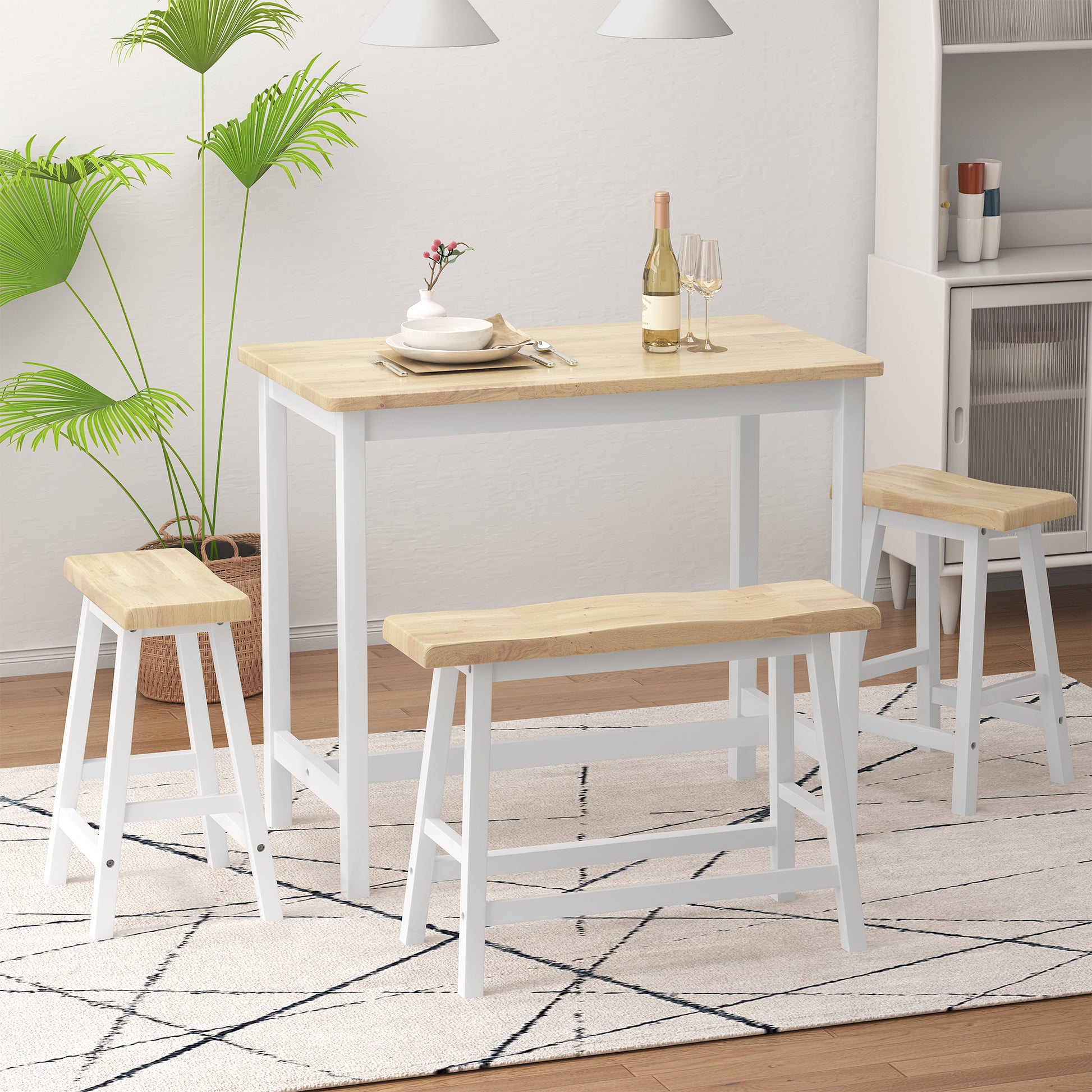 Modern Bar Dining Table Set For 4 All Rubber Wood Kitchen Bistro Counter Height Table Bench Stool For Dining Room Small Space Natural Color & White Natural Rubber Wood