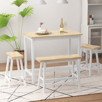 Modern Bar Dining Table Set For 4 All Rubber Wood Kitchen Bistro Counter Height Table Bench Stool For Dining Room Small Space Natural Color & White Natural Rubber Wood