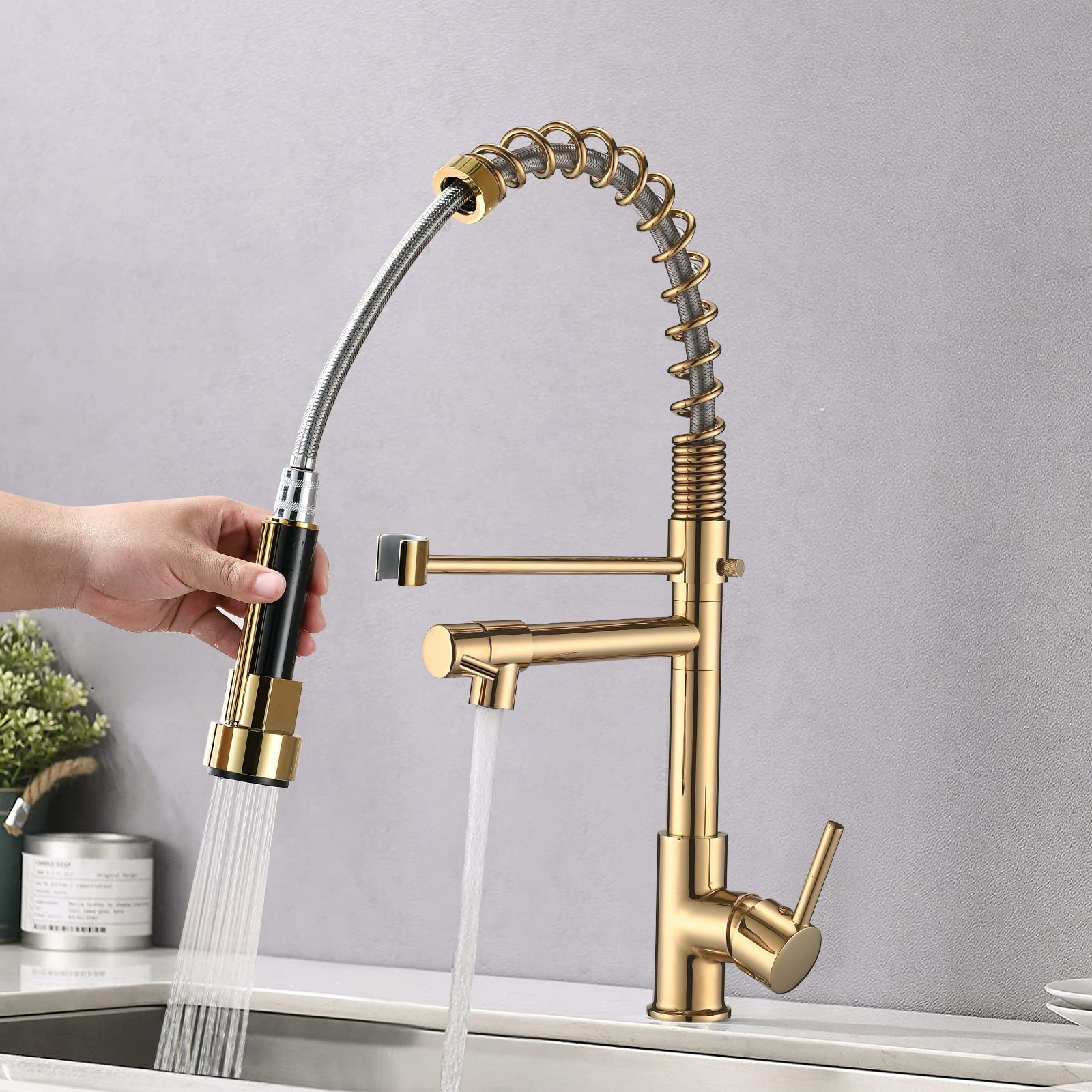 Commercial Pull Down Kitchen Sink Faucet Single Handle Modern Kitchen Faucets Polished Golden Stainless Steel