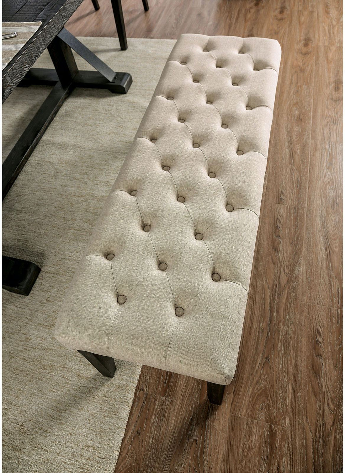 Classic Ivory 1Pc Bench Button Tufted Linen Like Fabric Solid Wood Chair Upholstered Seat Breakfast Rustic Dining Room Furniture Ivory Dining Room Contemporary,Rustic Solid Wood