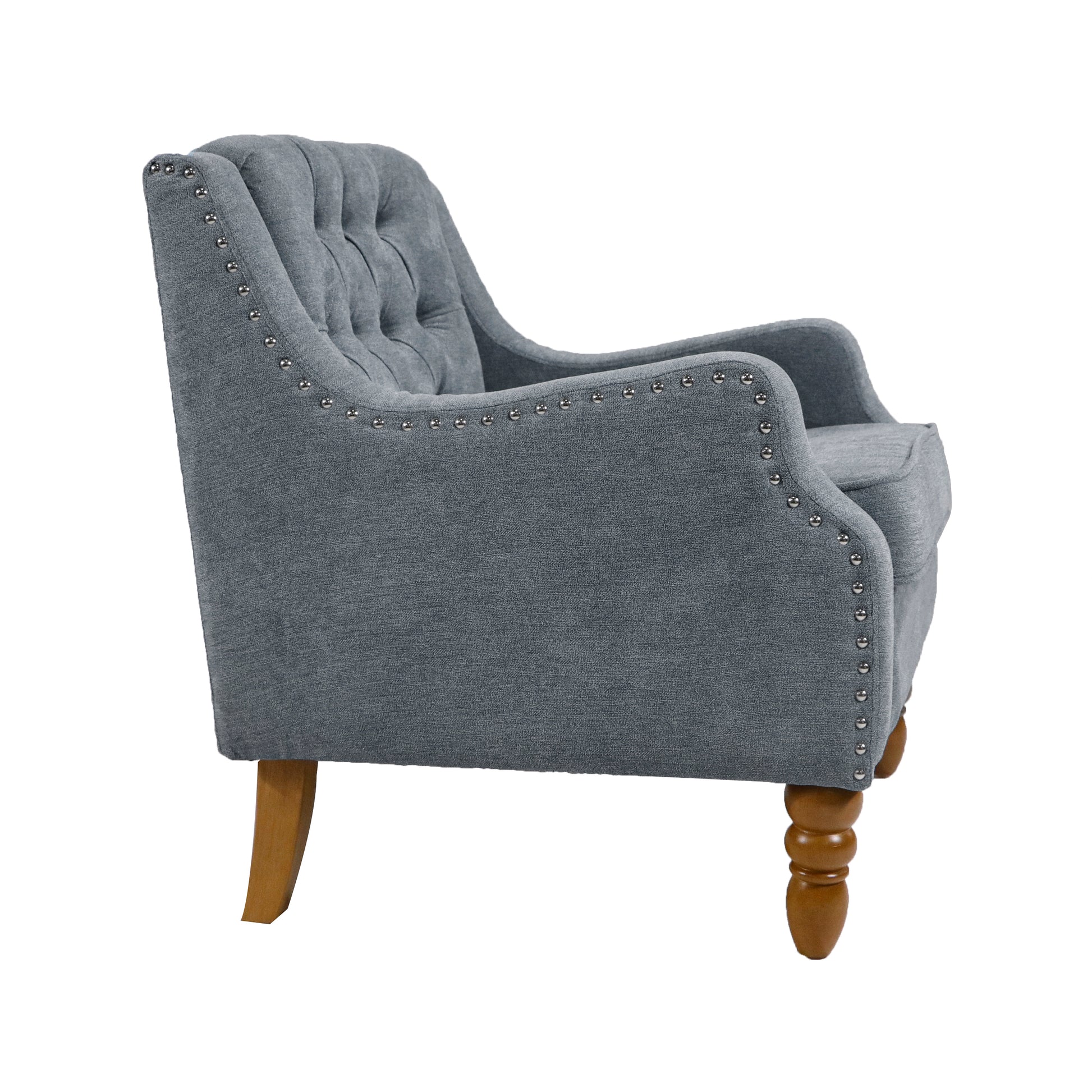Grey Accent Chair, Living Room Chair, Footrest Chair Set With Vintage Brass Studs, Button Tufted Upholstered Armchair For Living Room, Comfy Reading Chair For Bedroom, Reception Room Grey Linen
