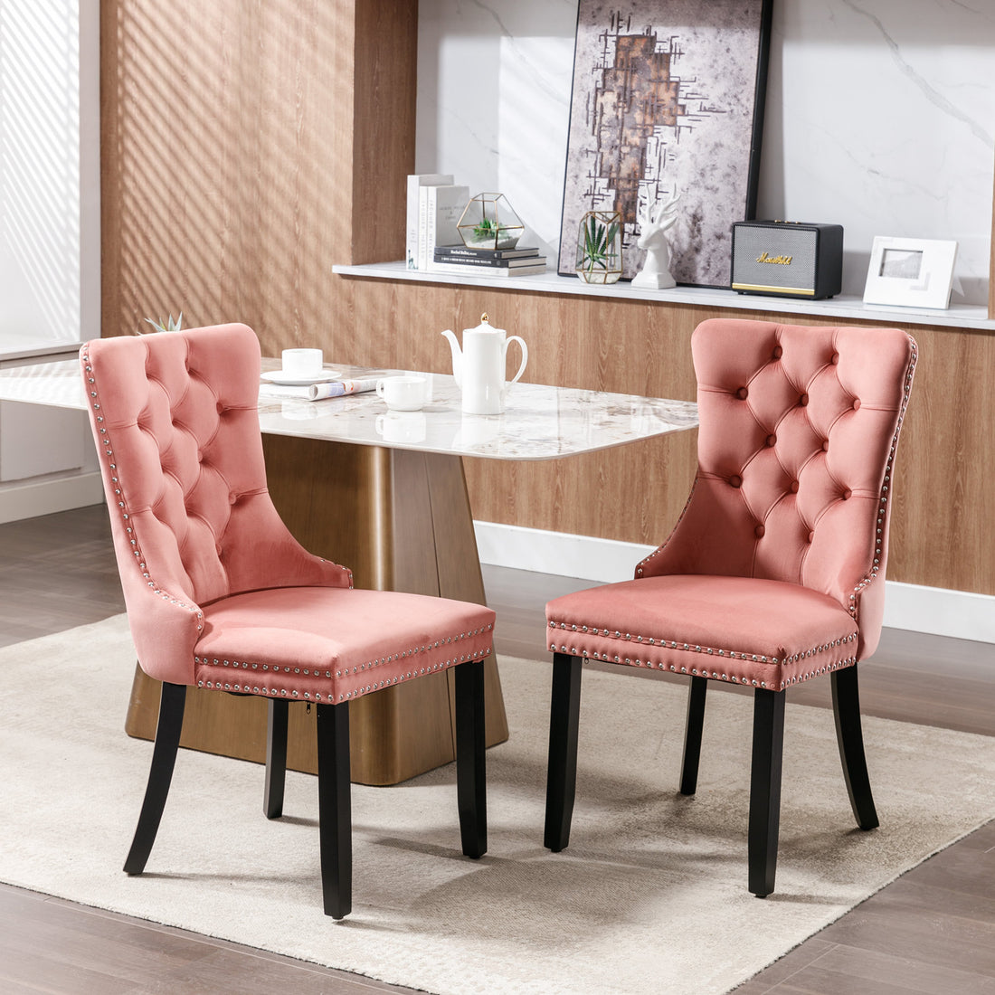 Nikki Collection Modern, High End Tufted Solid Wood Contemporary Velvet Upholstered Dining Chair With Wood Legs Trim 2 Pcs Set,Pink, Sw2001Pk Pink Foam Velvet