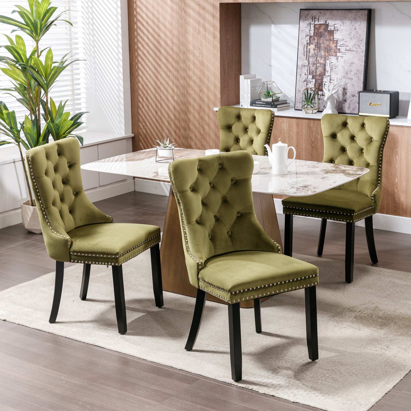 Nikki Collection Modern, High End Tufted Solid Wood Contemporary Velvet Upholstered Dining Chair With Wood Legs Trim 2 Pcs Set,Olive Green,Sw2001Ol Olive Green Foam Velvet